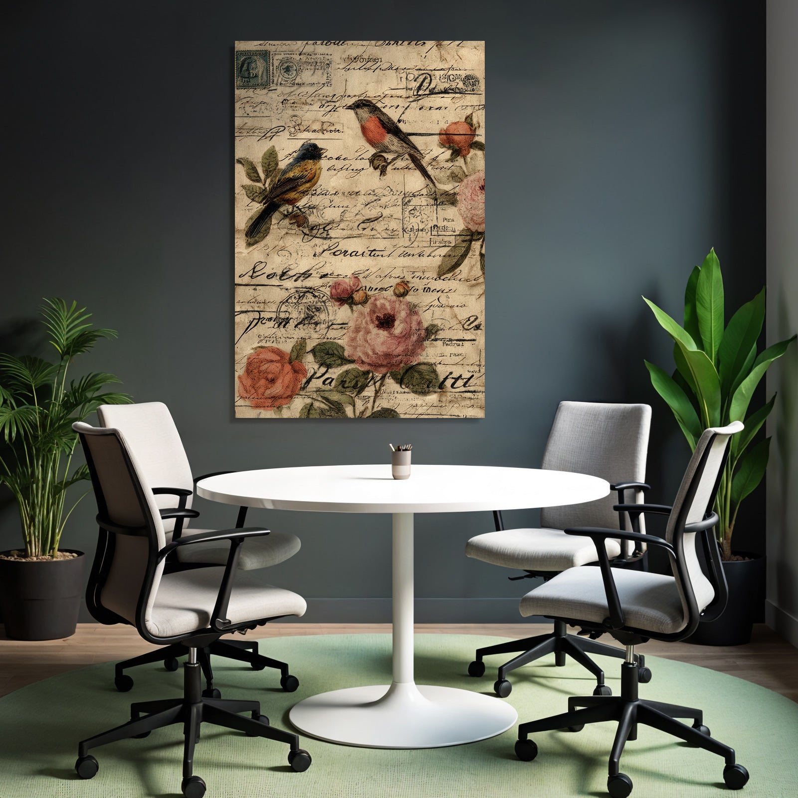 Vintage and shabby vintage bird flowers handwritten letters and stamps