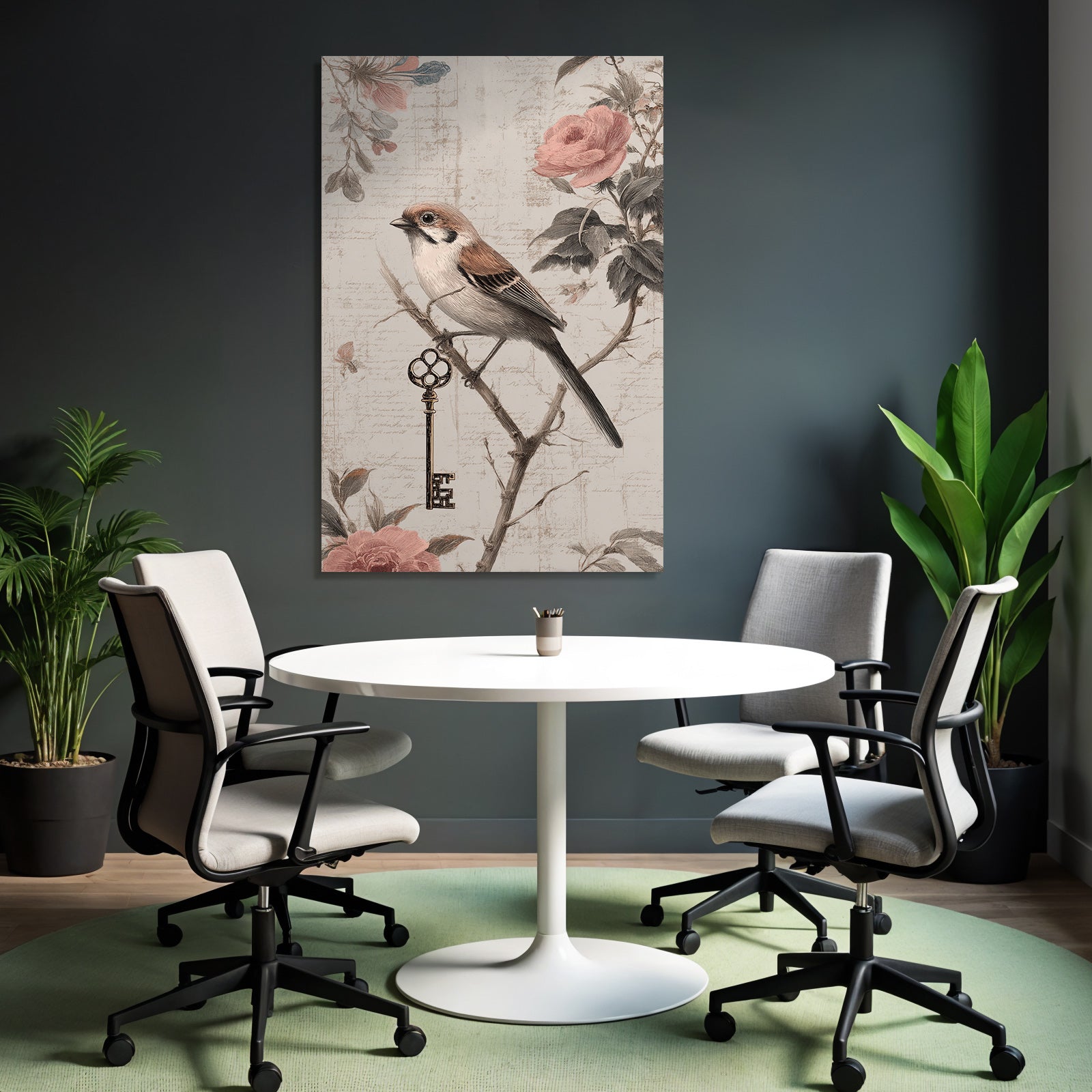 Vintage and shabby bird on branch with decorative end element
