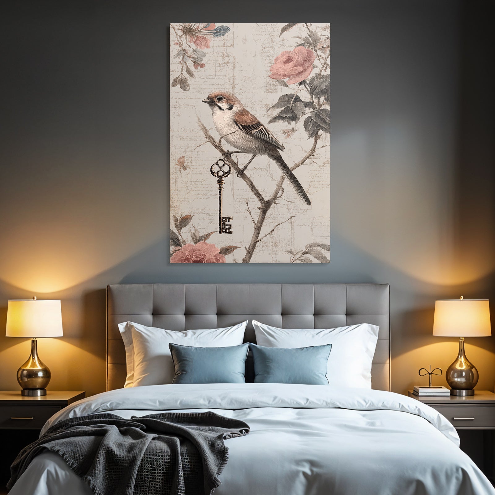 Vintage and shabby bird on branch with decorative end element