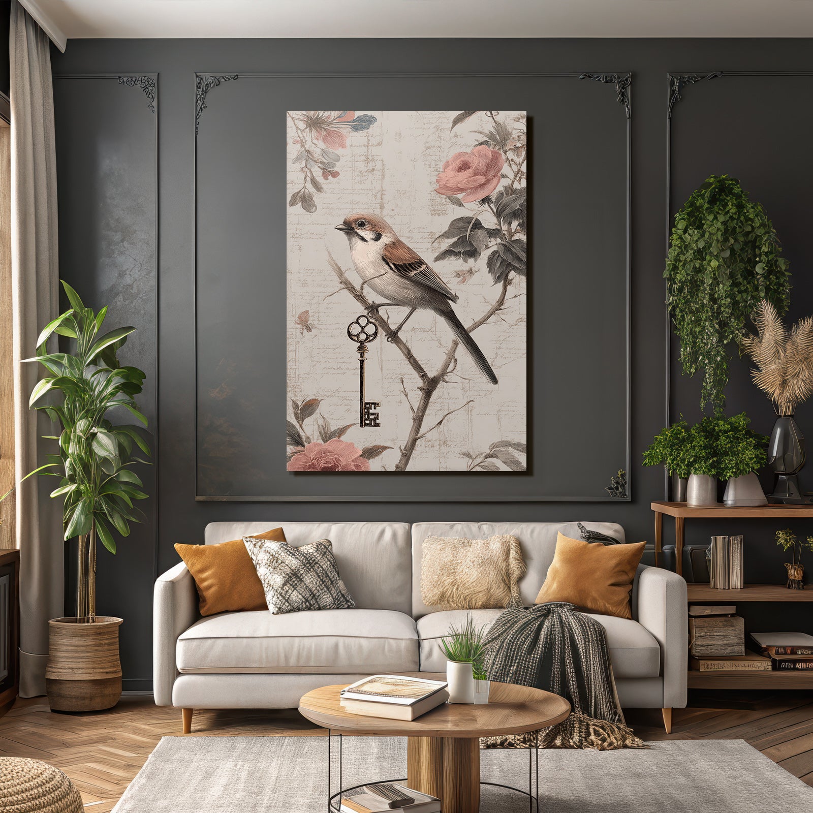 Vintage and shabby bird on branch with decorative end element
