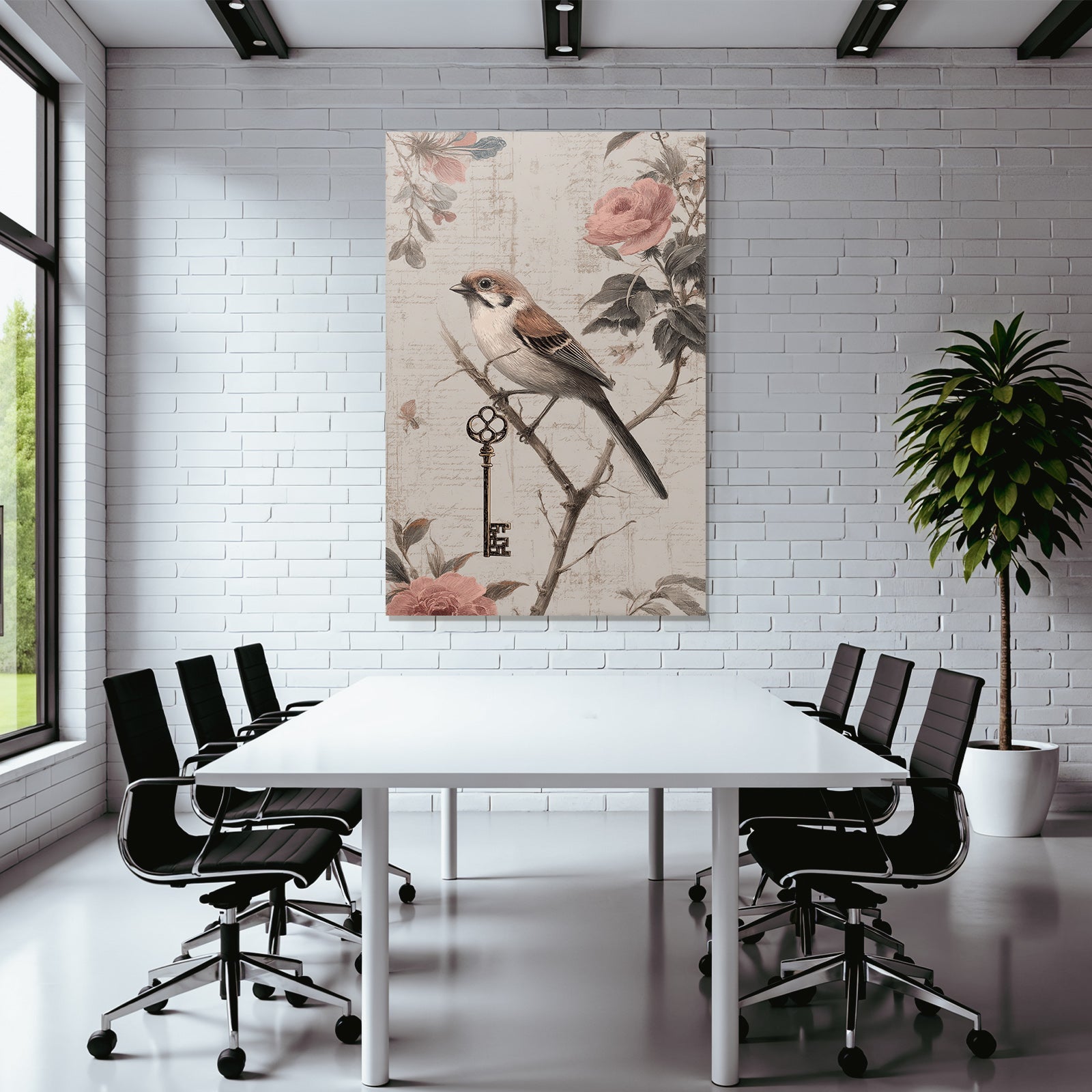 Vintage and shabby bird on branch with decorative end element