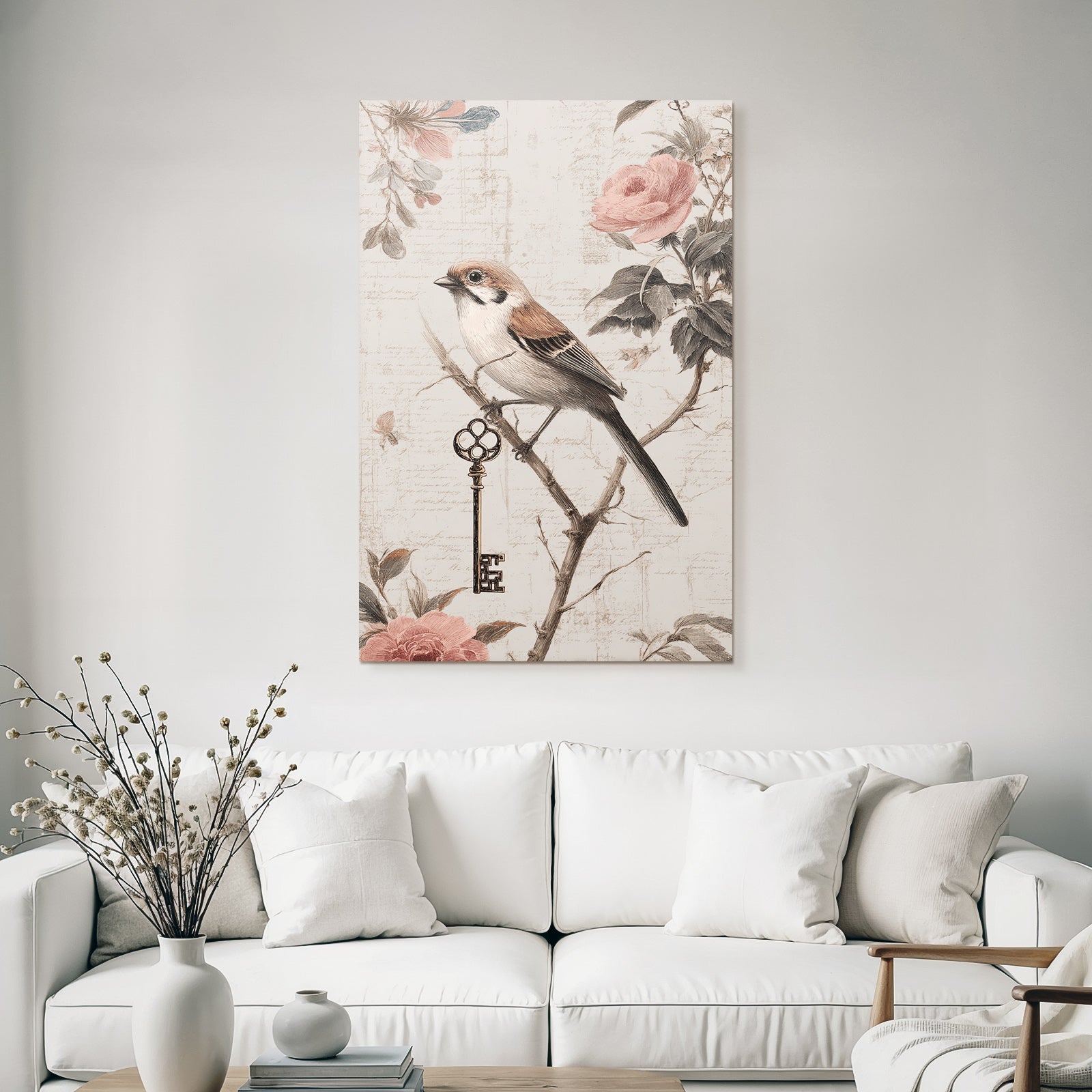 Vintage and shabby bird on branch with decorative end element