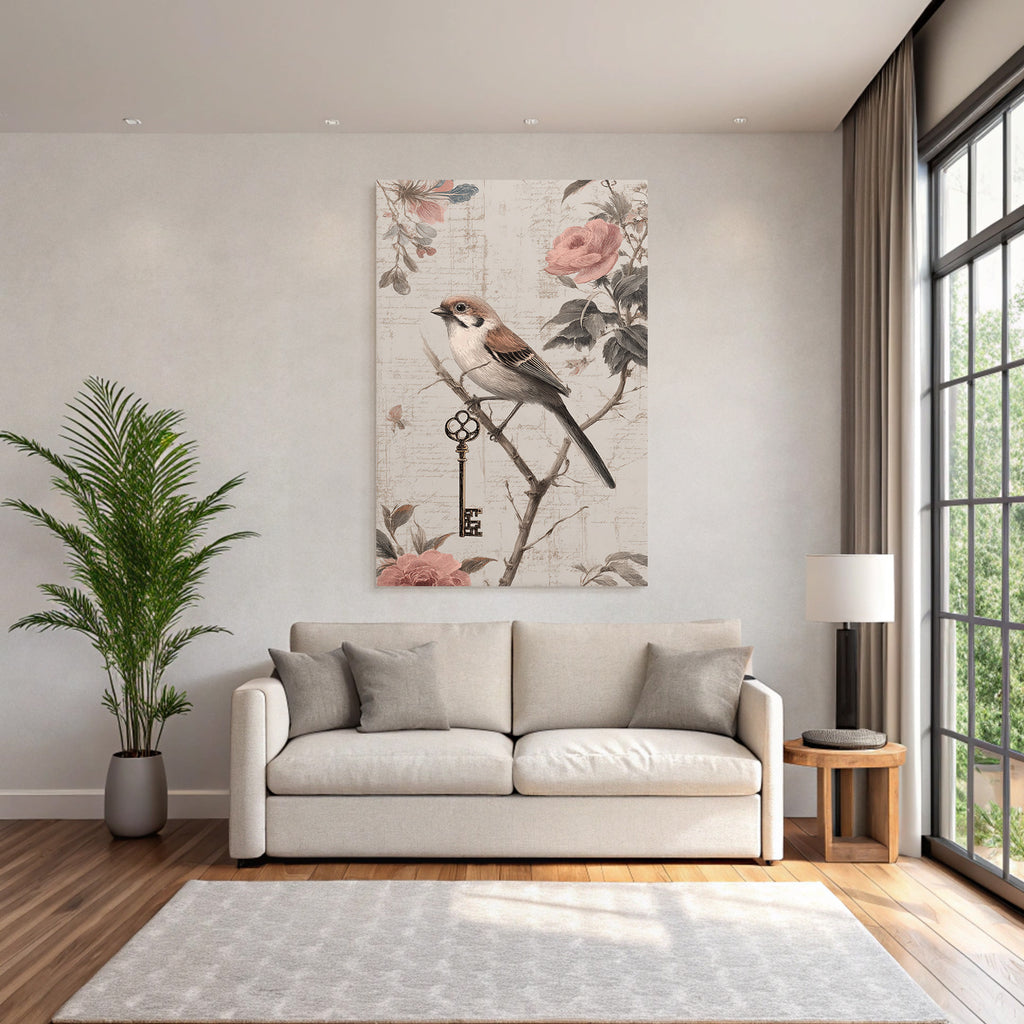 Vintage Und Shabby Vogel Auf Ast Immerzweig Mit Dekorativem Schluss Element