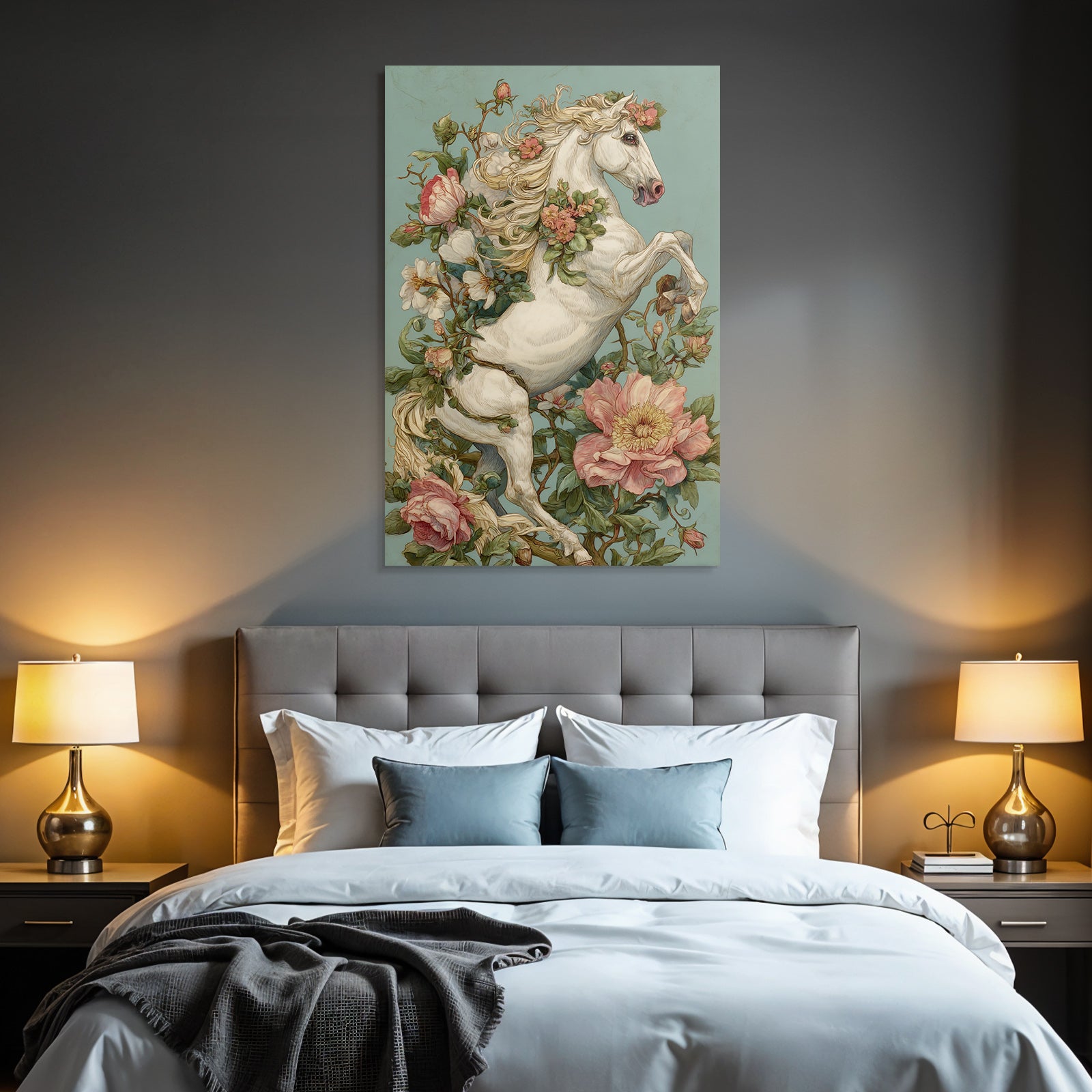 Vintage and shabby white horse flowers background