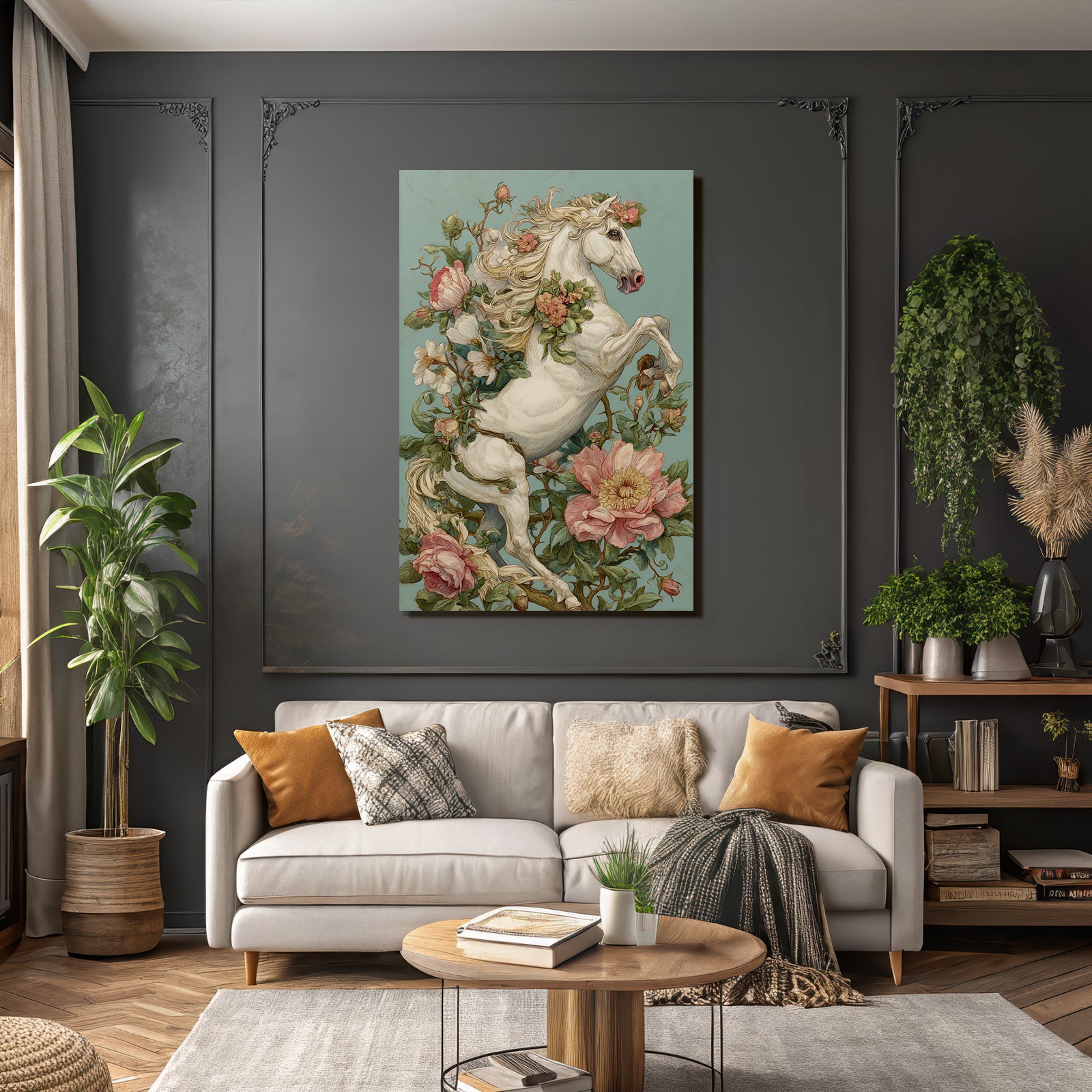 Vintage and shabby white horse flowers background