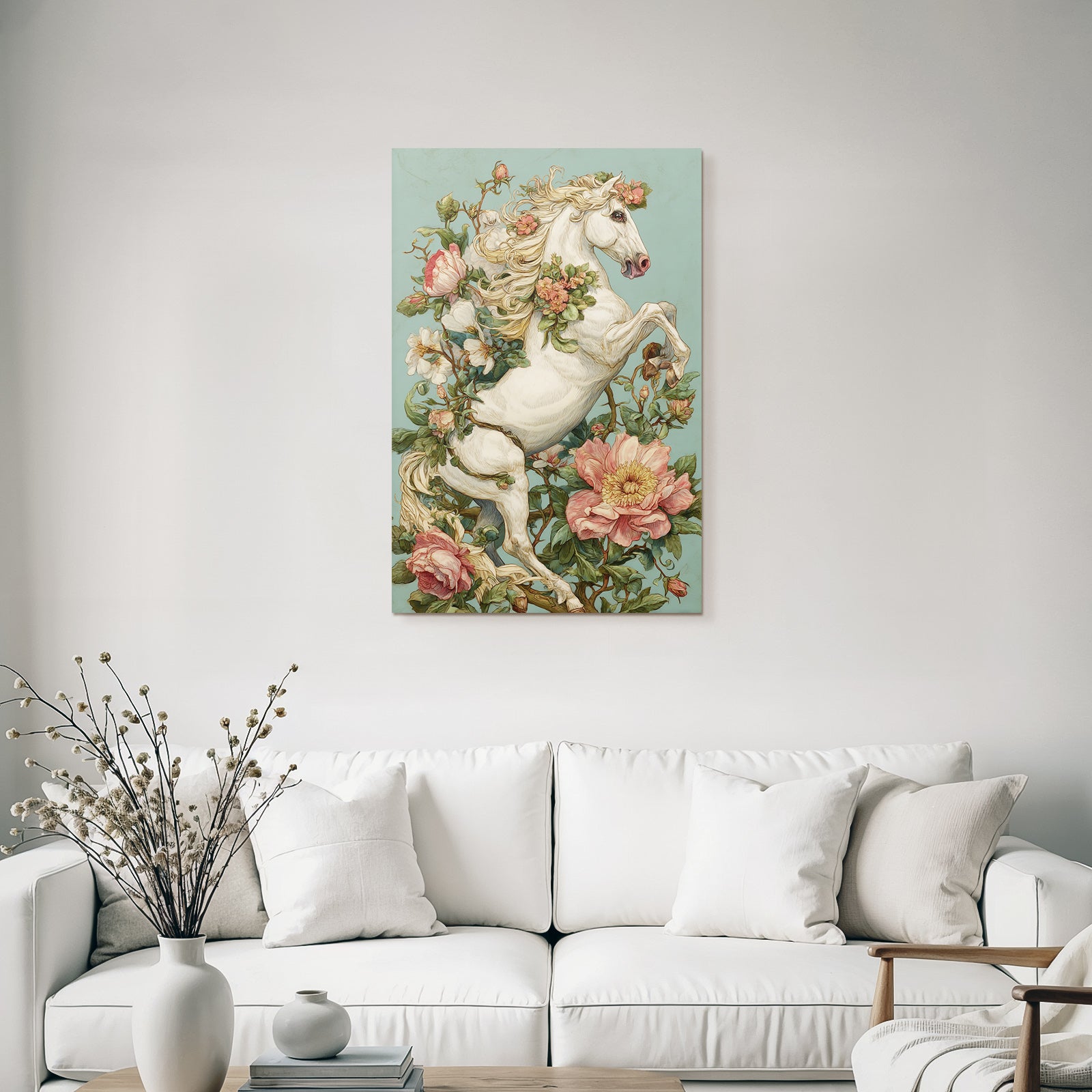 Vintage and shabby white horse flowers background