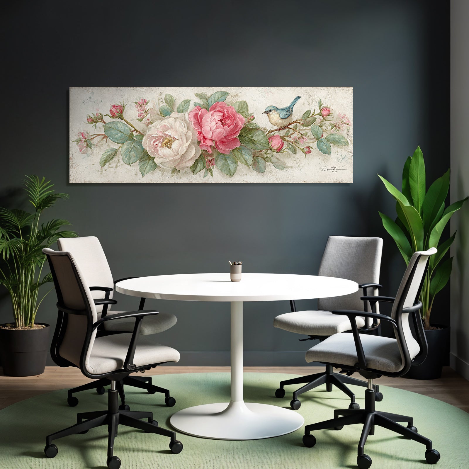 Vintage and shabby flowers and bird painted