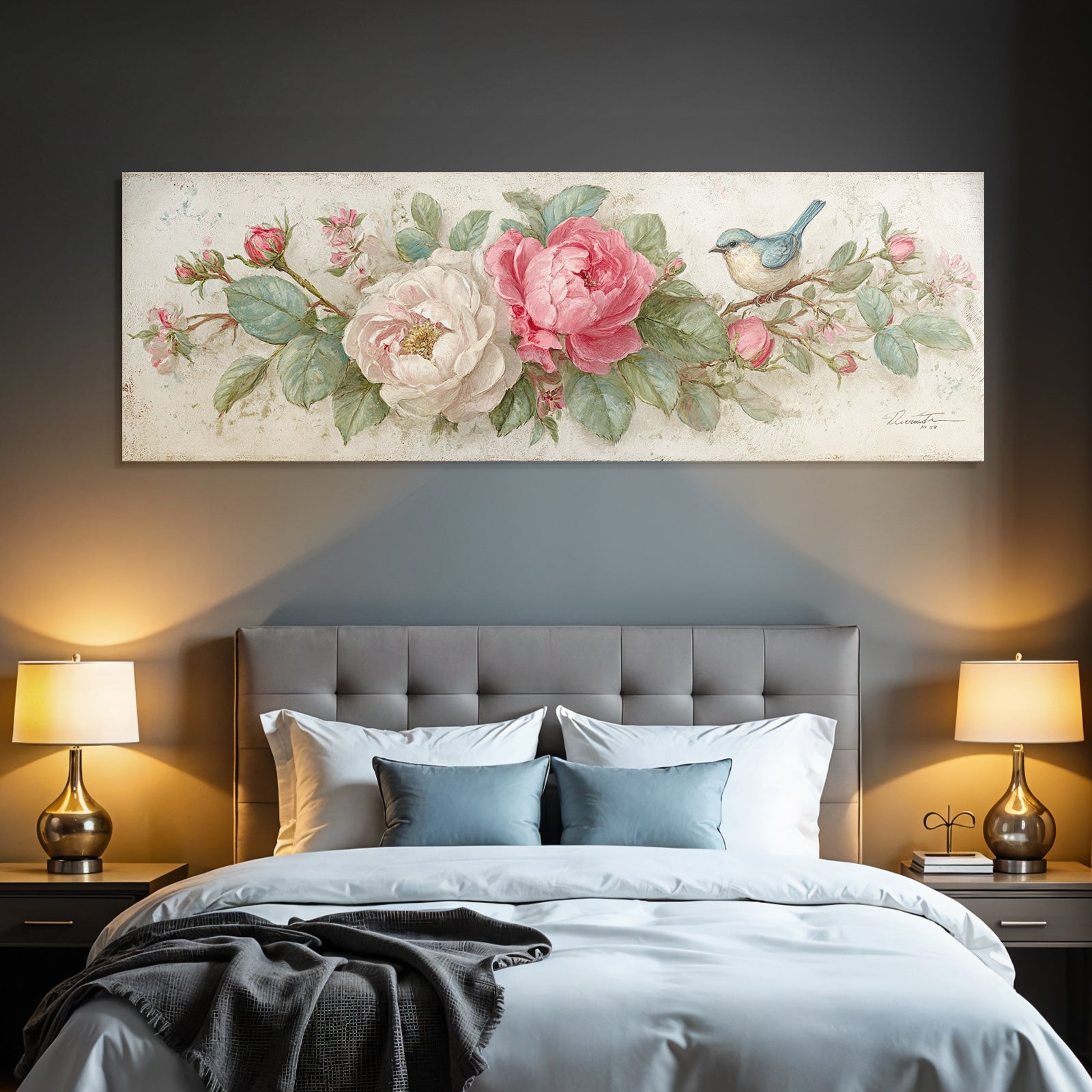 Vintage and shabby flowers and bird painted