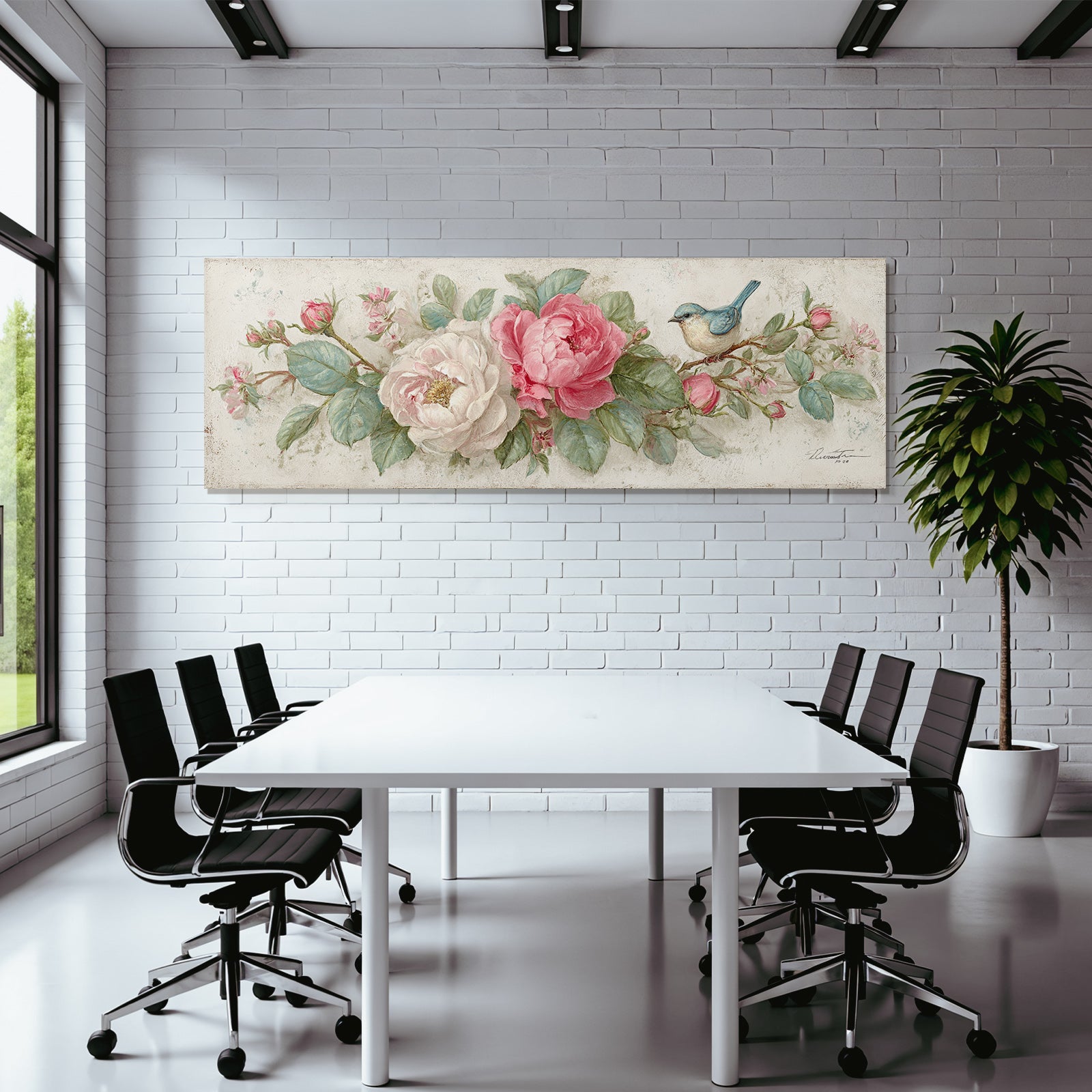Vintage and shabby flowers and bird painted