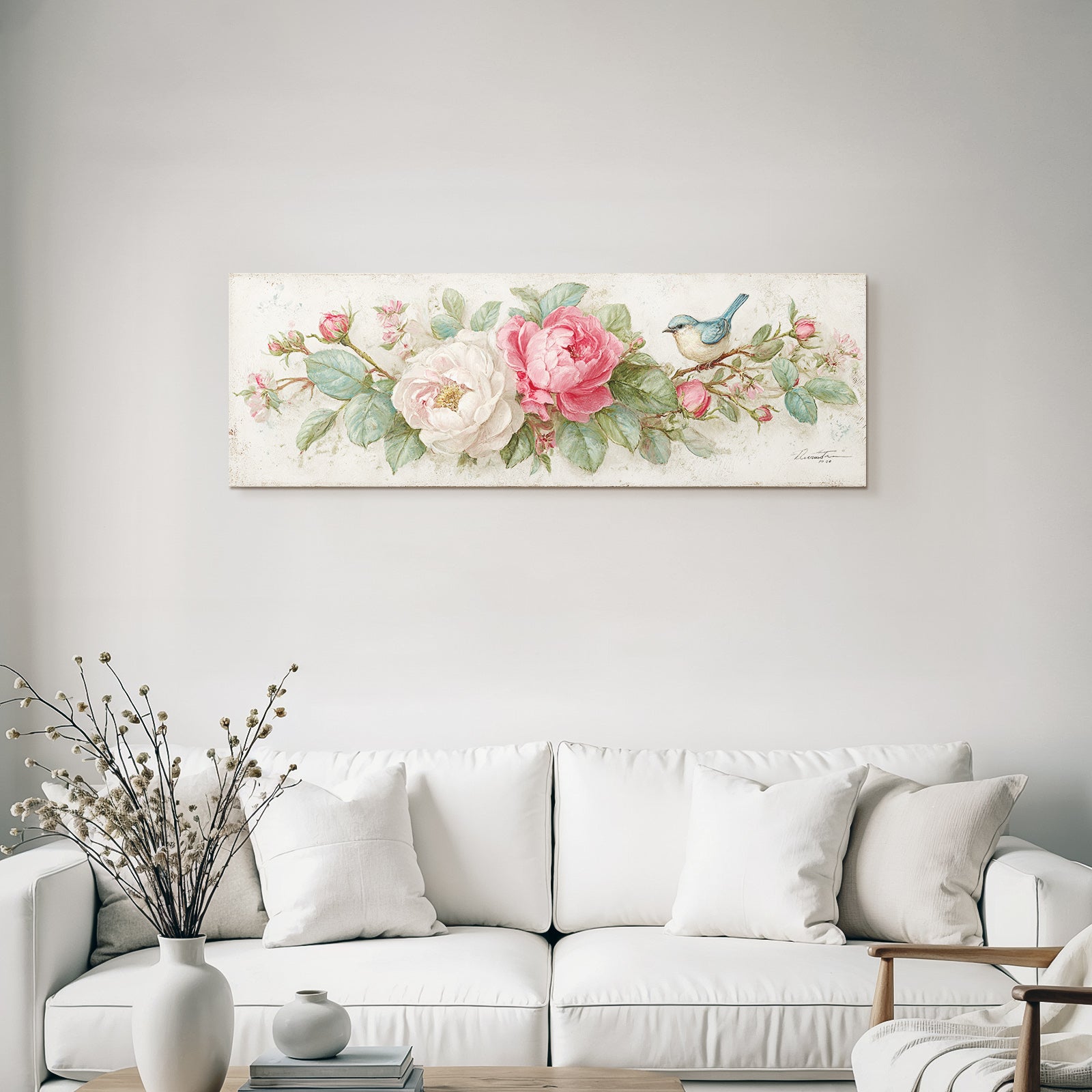 Vintage and shabby flowers and bird painted