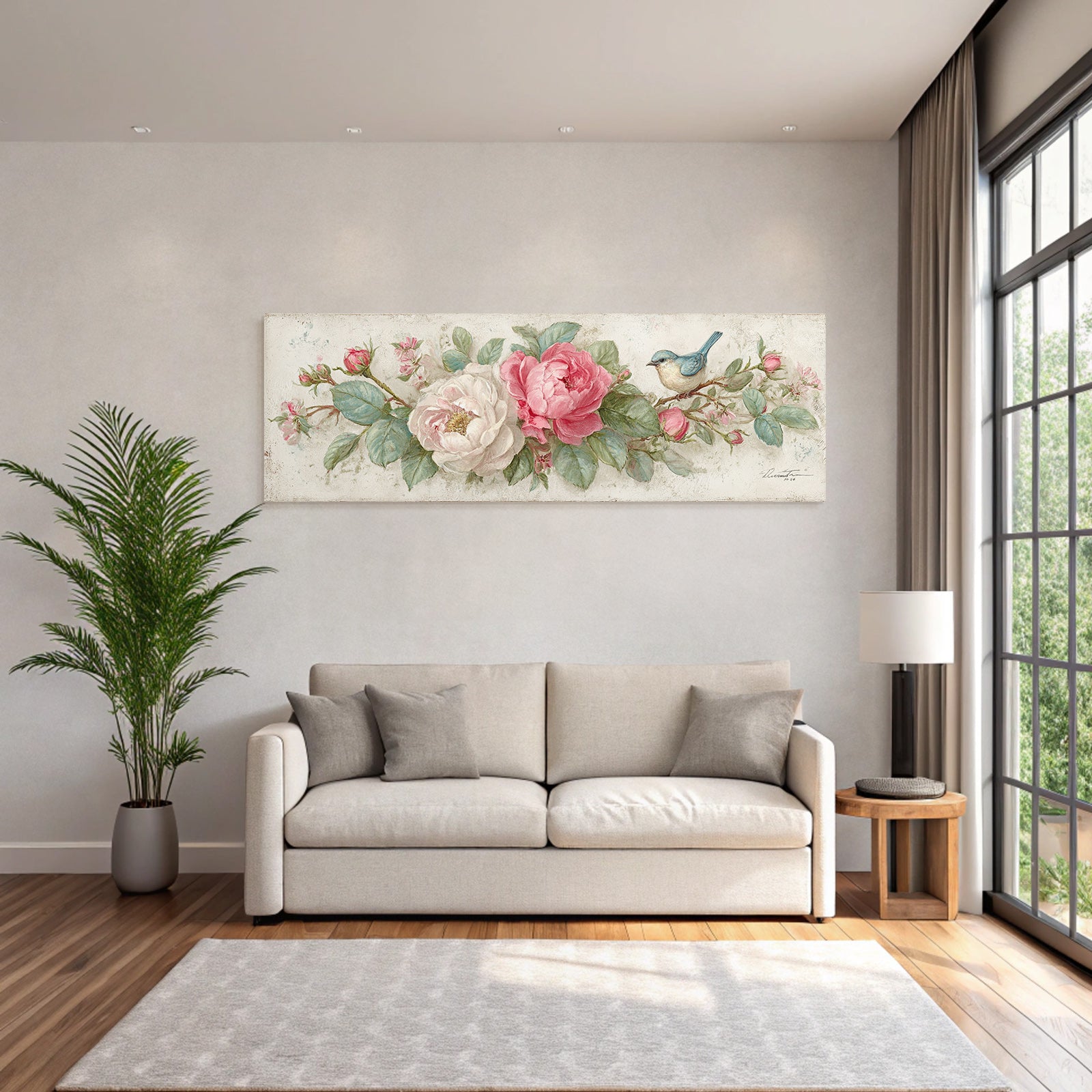 Vintage and shabby flowers and bird painted