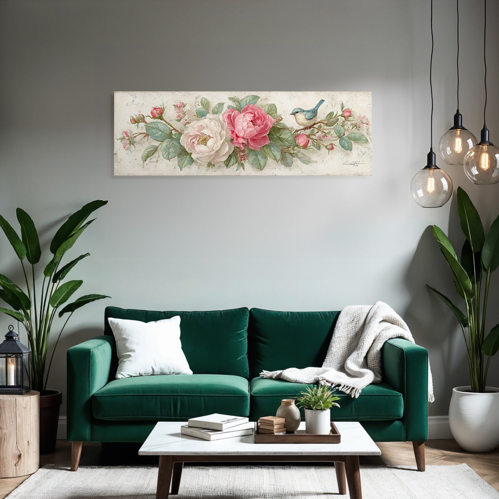 Vintage and shabby flowers and bird painted