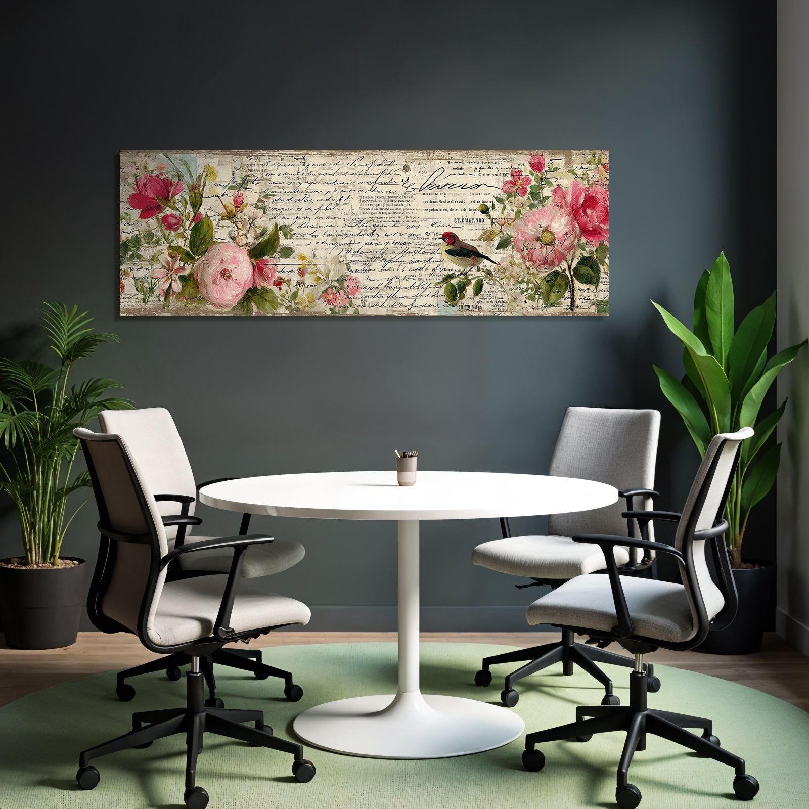 Vintage and shabby floral design with birds and notes