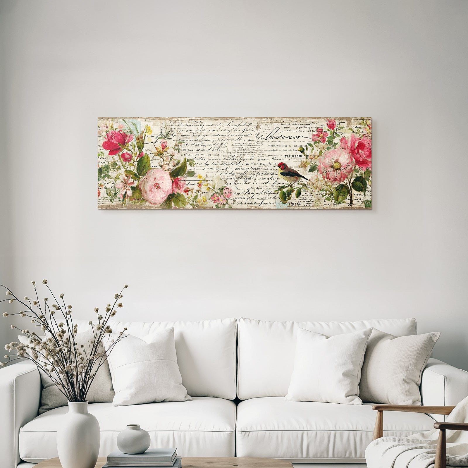 Vintage and shabby floral design with birds and notes