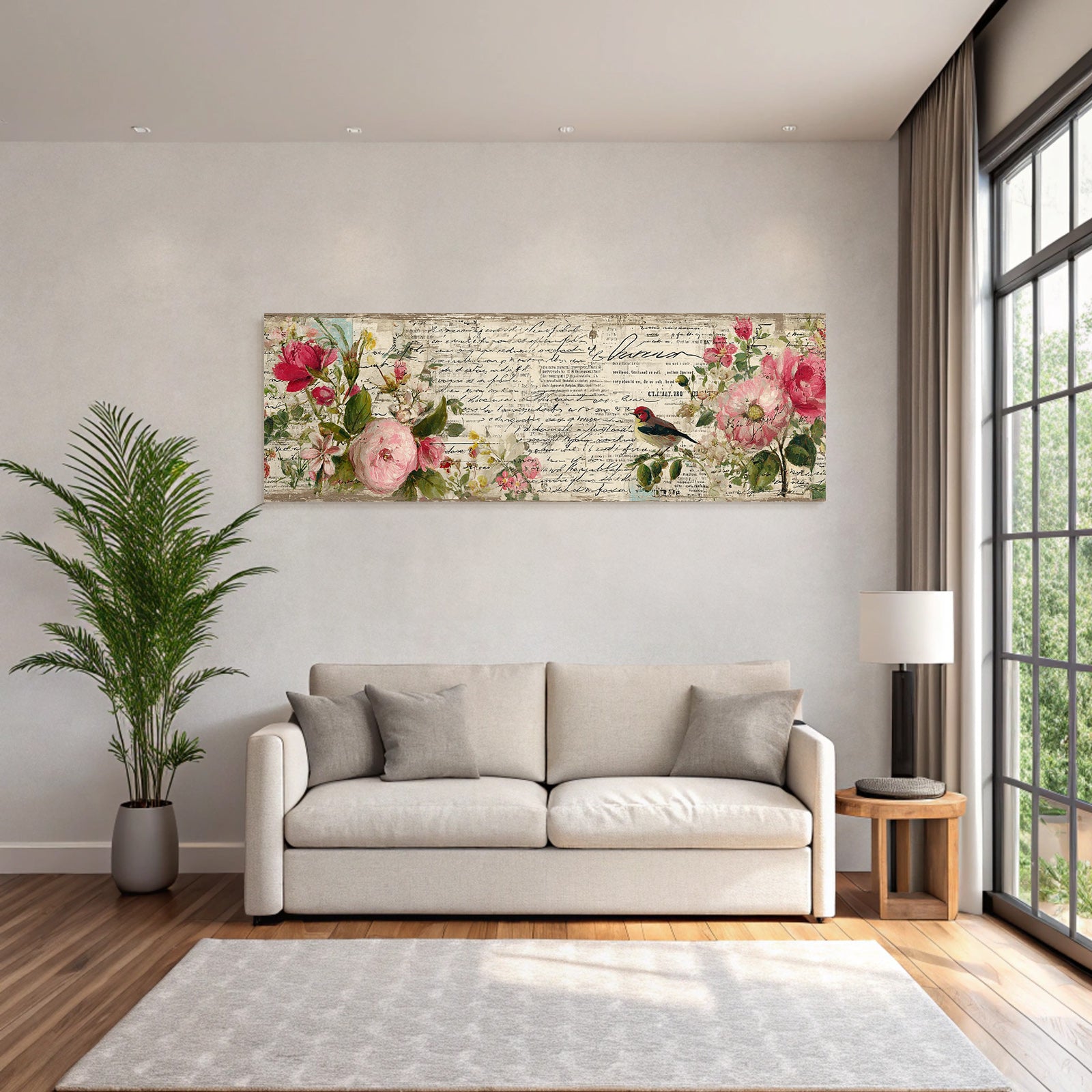 Vintage and shabby floral design with birds and notes