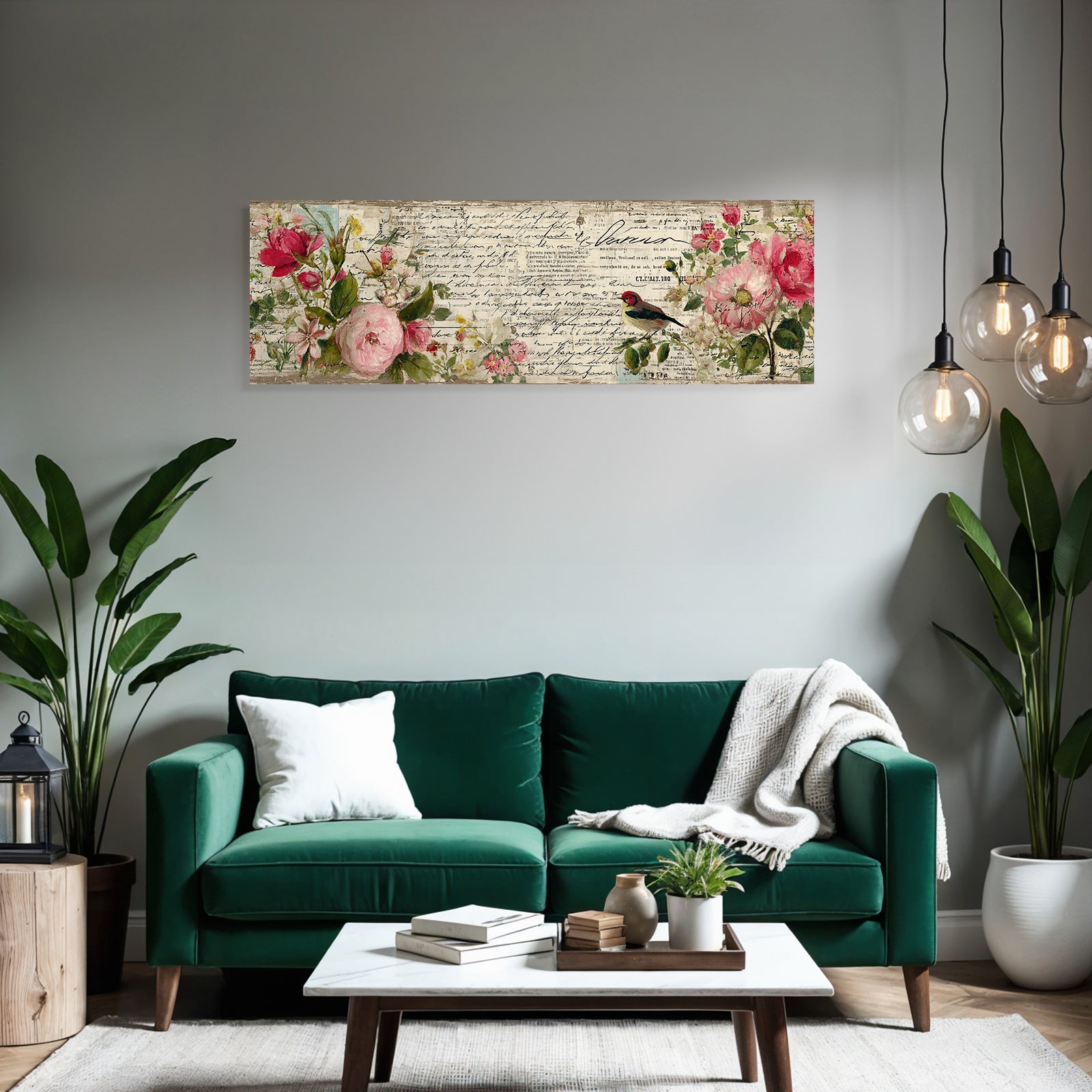 Vintage and shabby floral design with birds and notes
