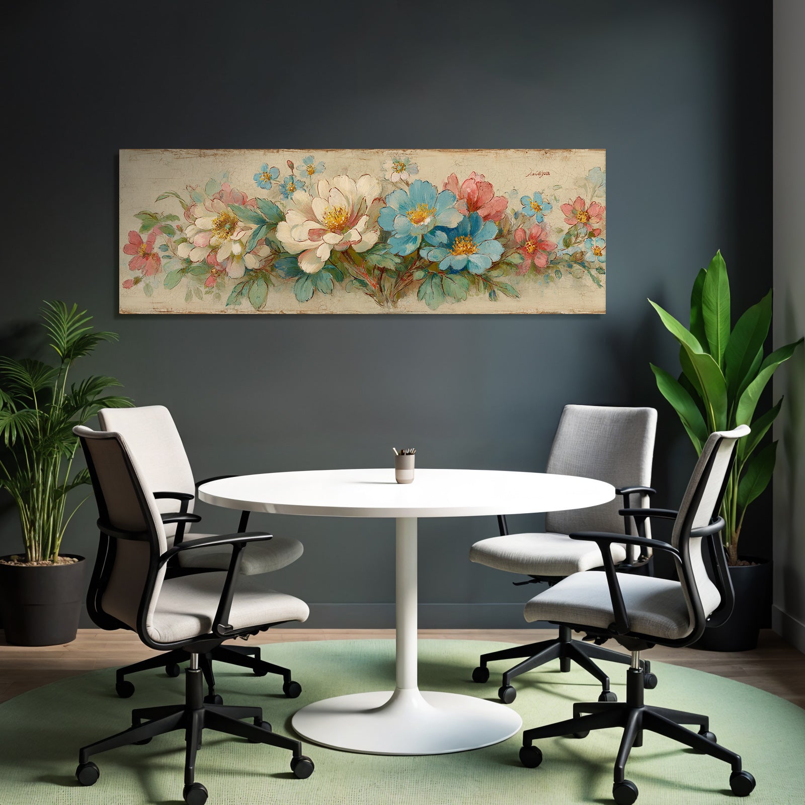 Vintage and shabby flower painting pink blue white green leaves vintage style