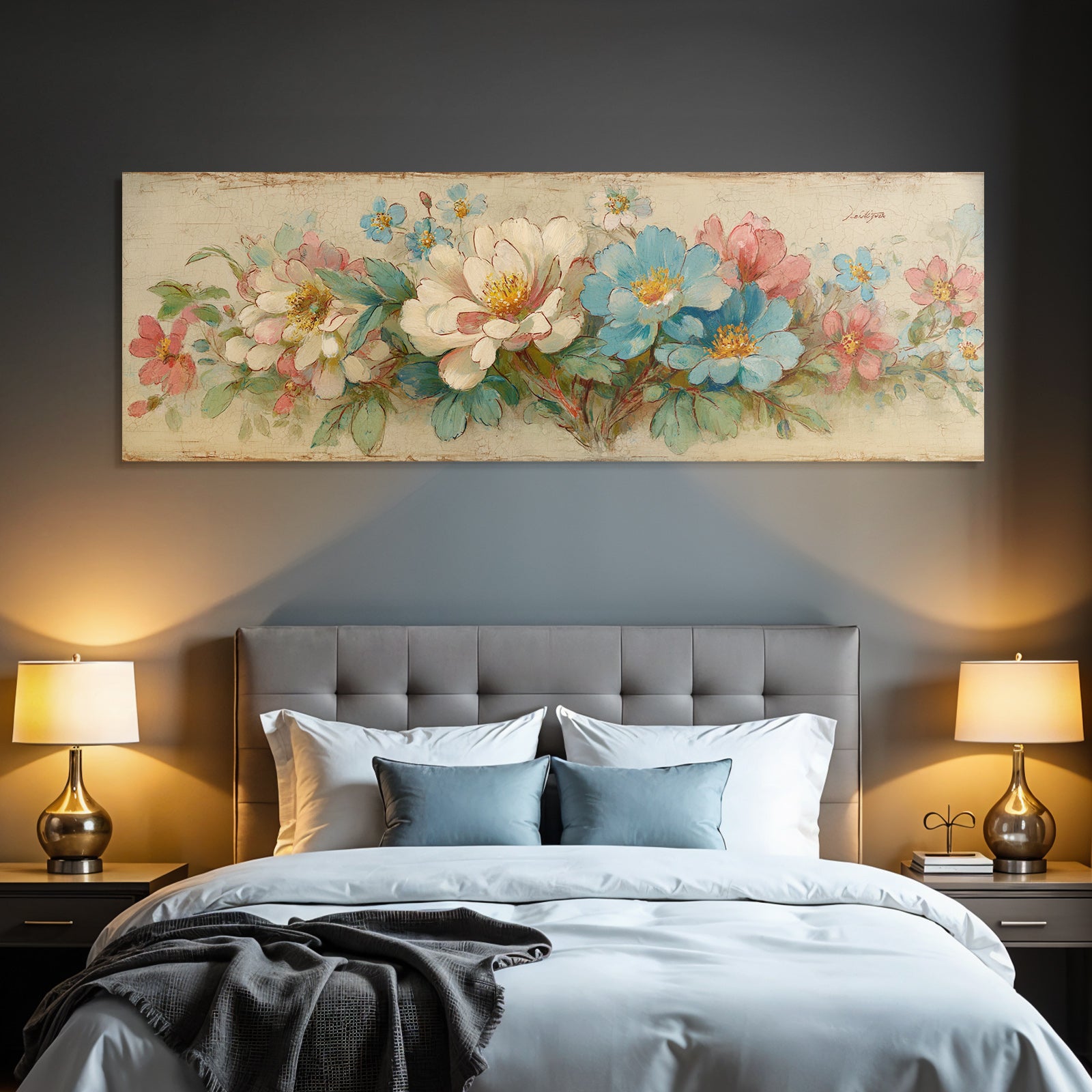 Vintage and shabby flower painting pink blue white green leaves vintage style
