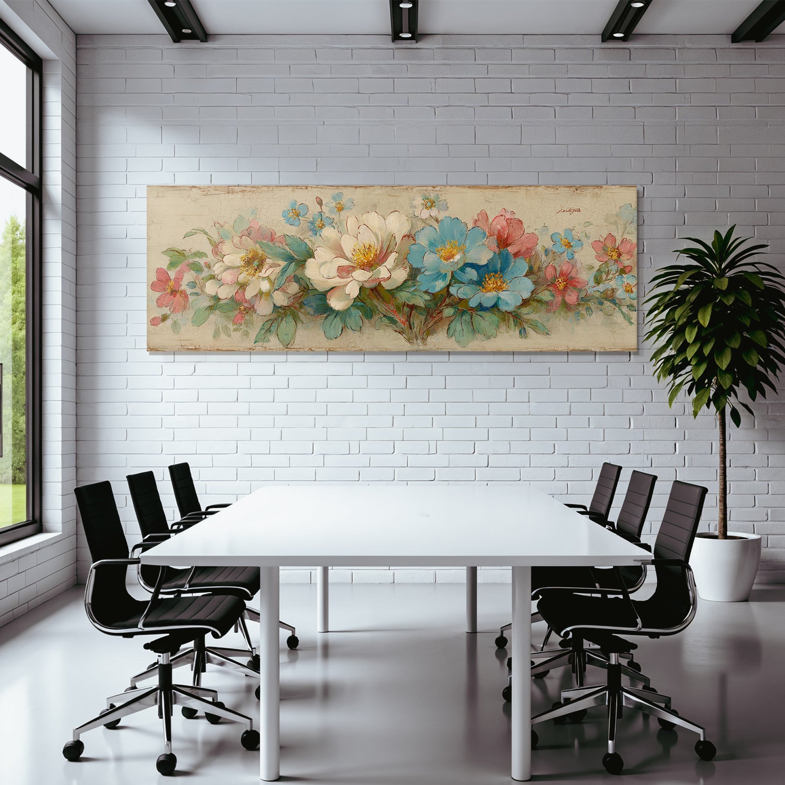 Vintage and shabby flower painting pink blue white green leaves vintage style
