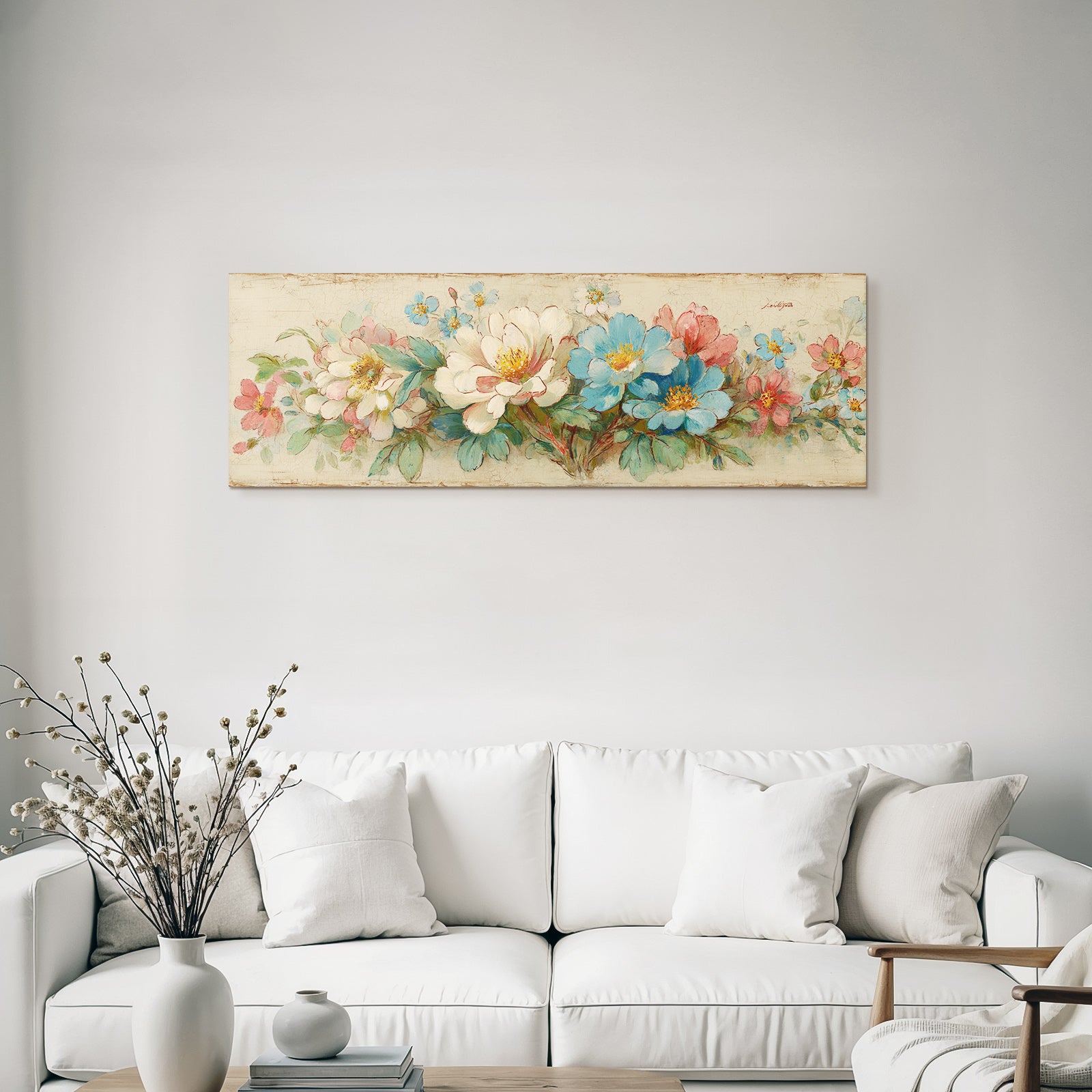 Vintage and shabby flower painting pink blue white green leaves vintage style