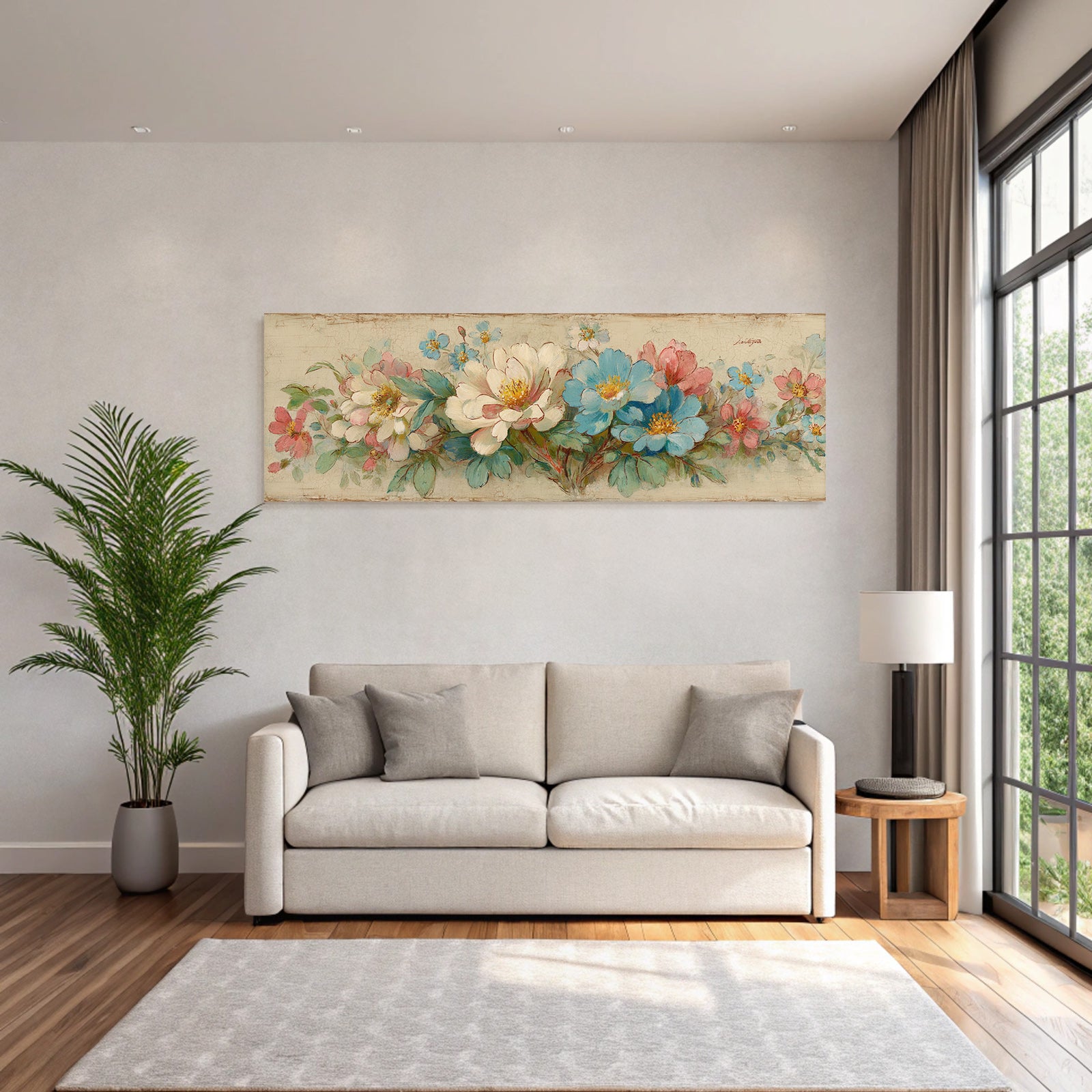 Vintage and shabby flower painting pink blue white green leaves vintage style