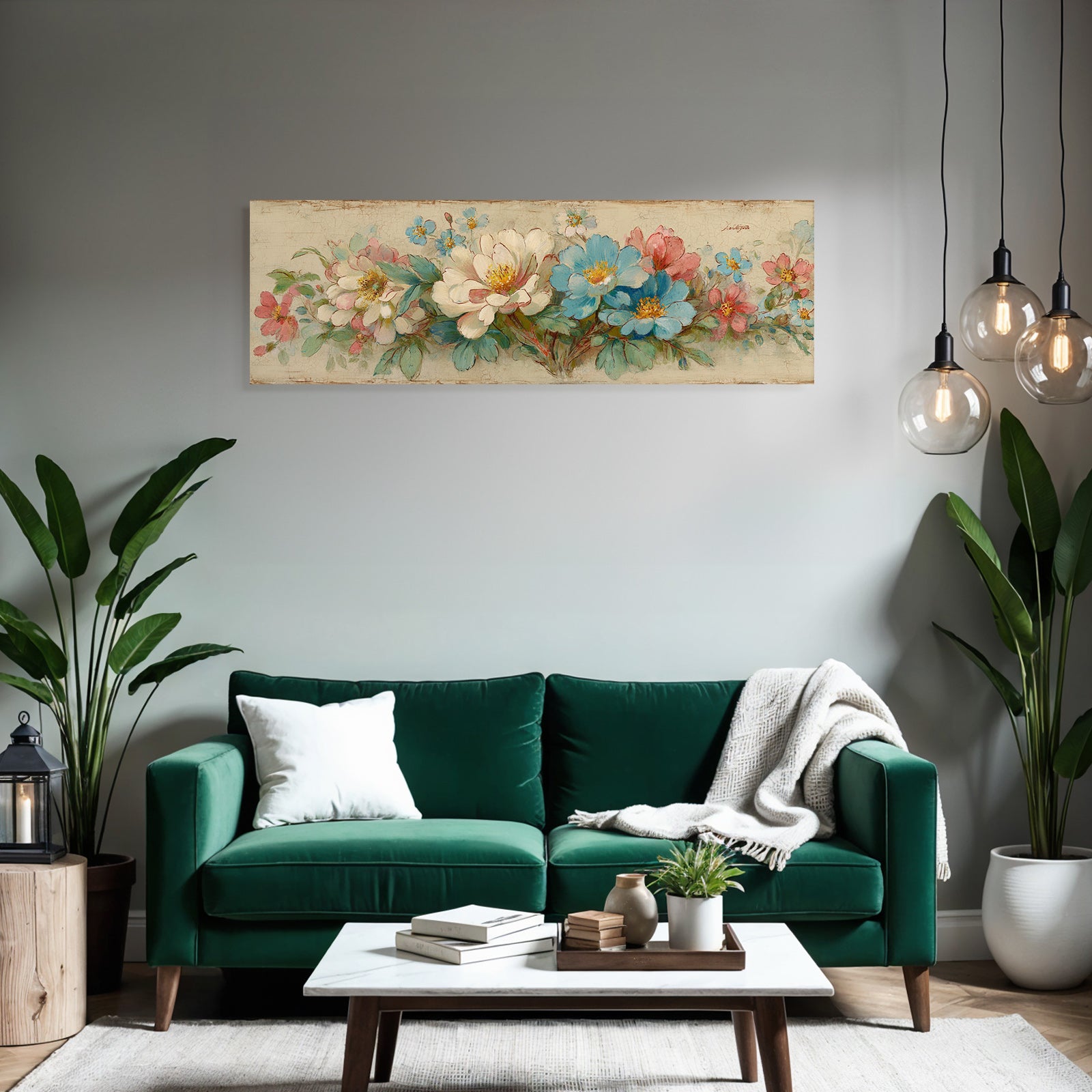 Vintage and shabby flower painting pink blue white green leaves vintage style