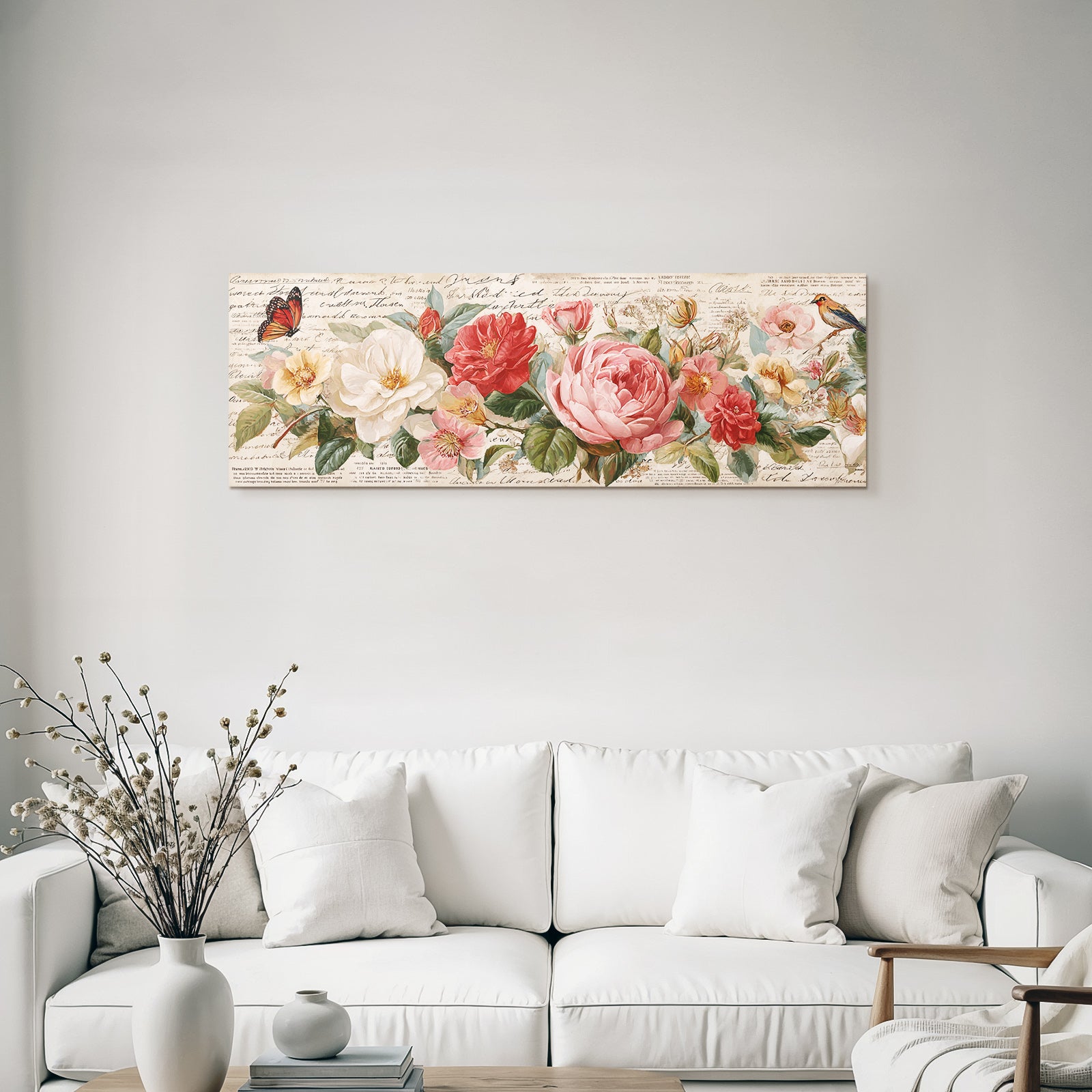 Vintage and shabby floral arrangement with butterfly and handwritten text