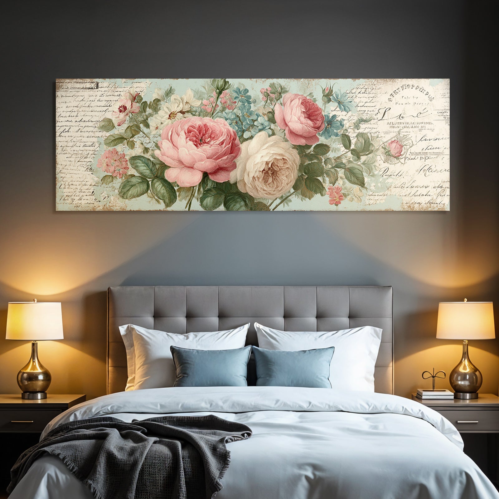 Vintage and shabby floral arrangement Vintage art with text and textures
