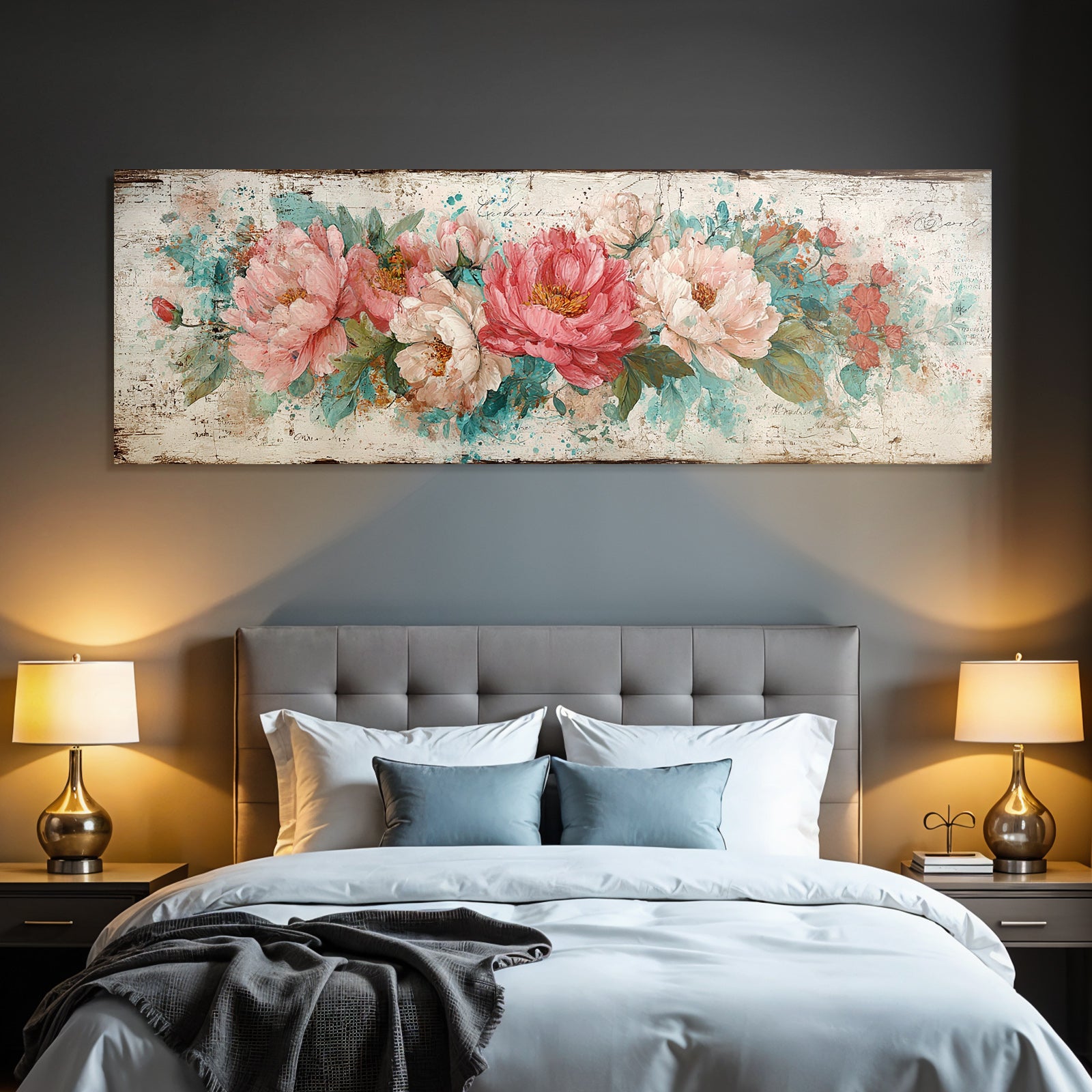 Vintage and shabby decorative illustration with peonies and colorful background