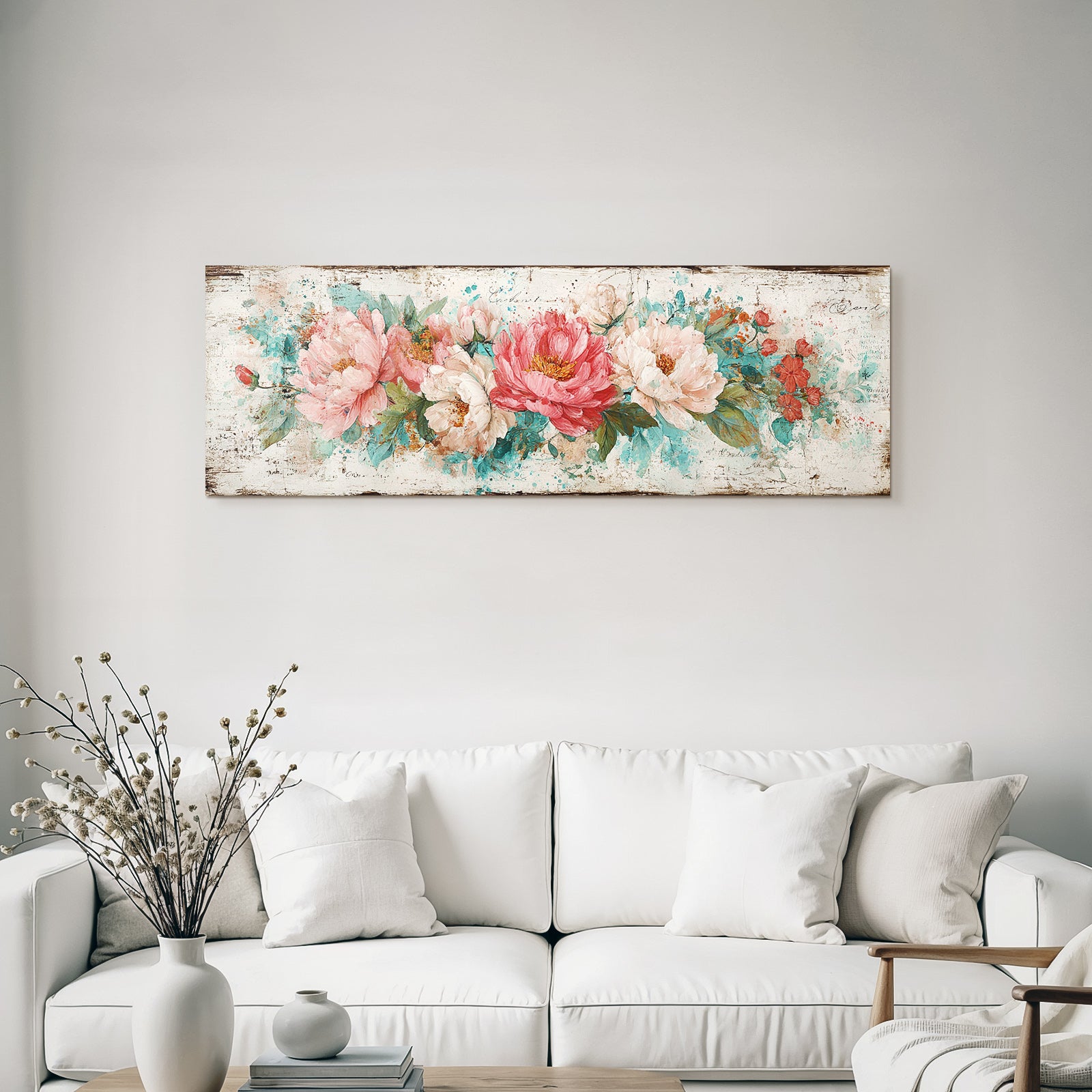Vintage and shabby decorative illustration with peonies and colorful background