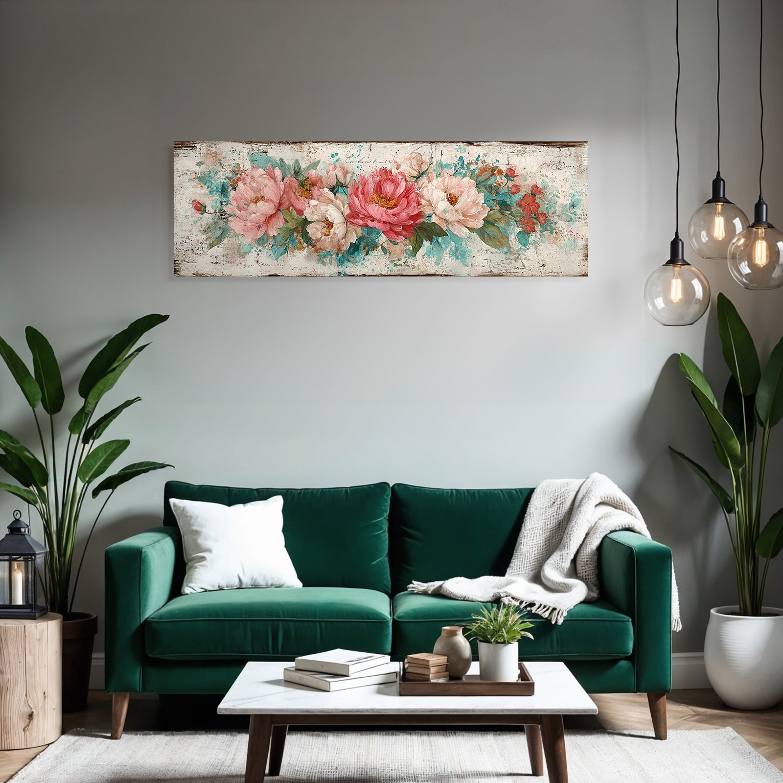 Vintage and shabby decorative illustration with peonies and colorful background