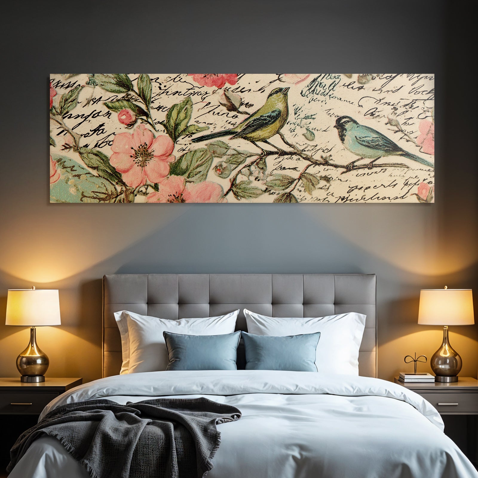 Vintage and shabby decorative design with flowers and birds handwritten text