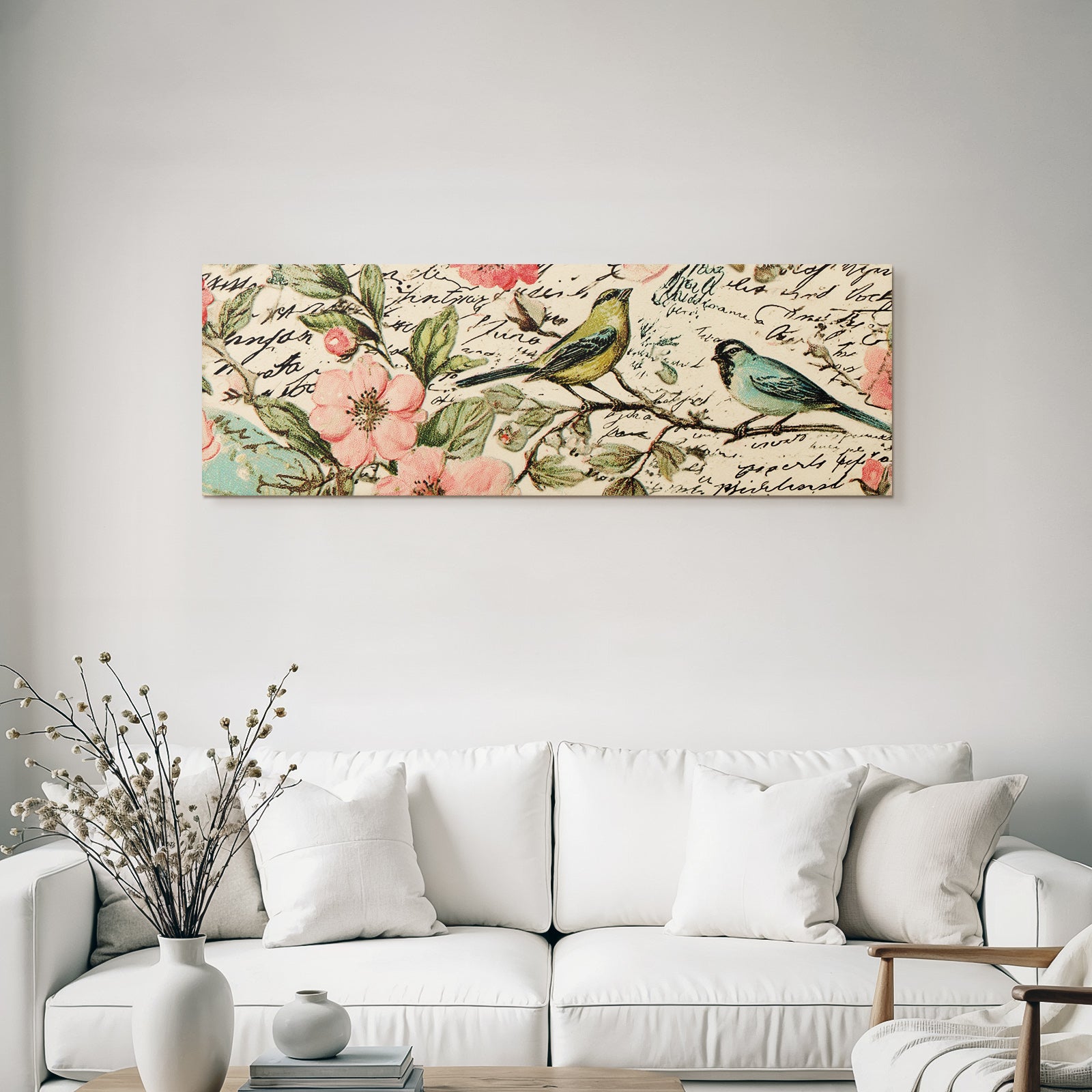 Vintage and shabby decorative design with flowers and birds handwritten text