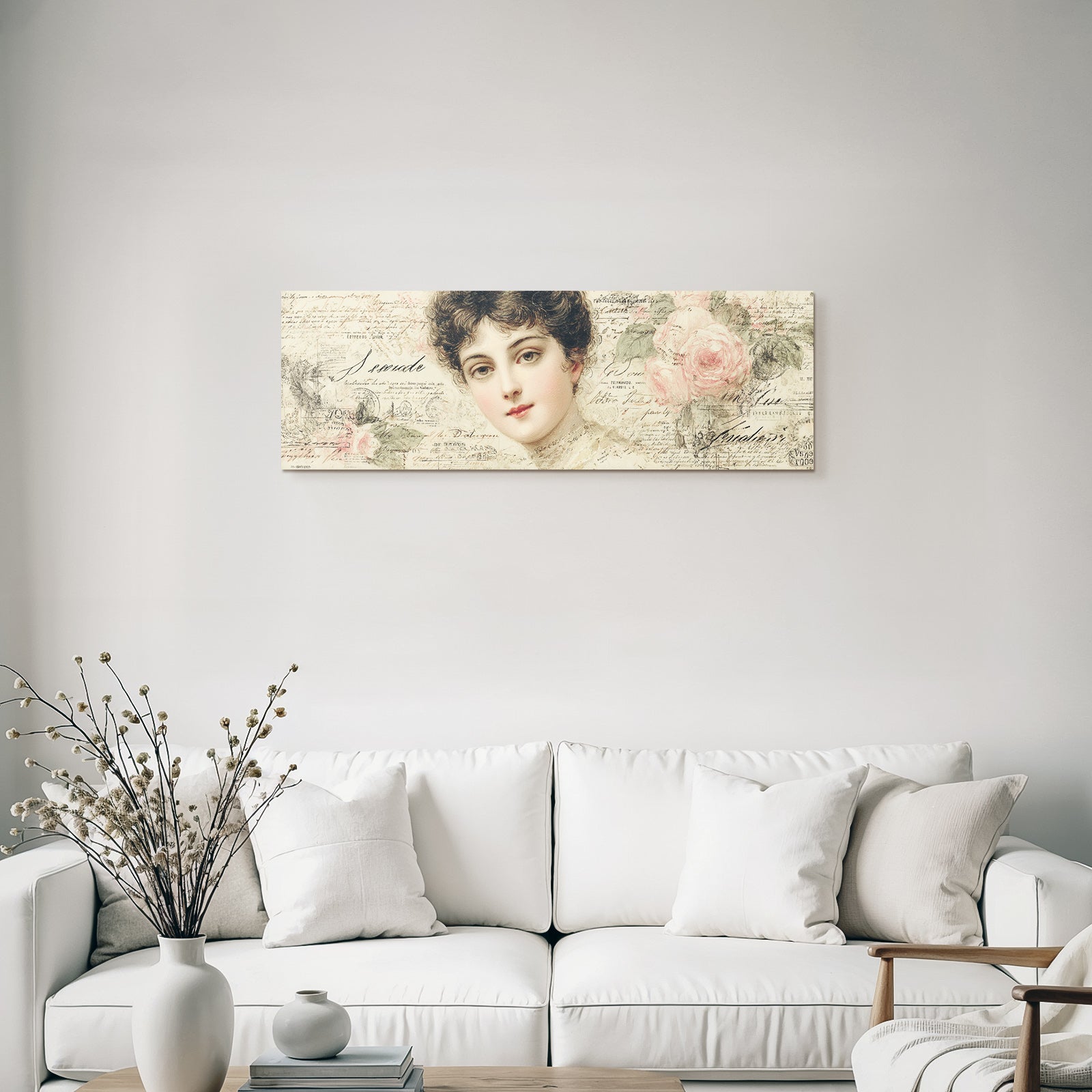 Vintage and shabby woman portrait with vintage background flowers handwritten text