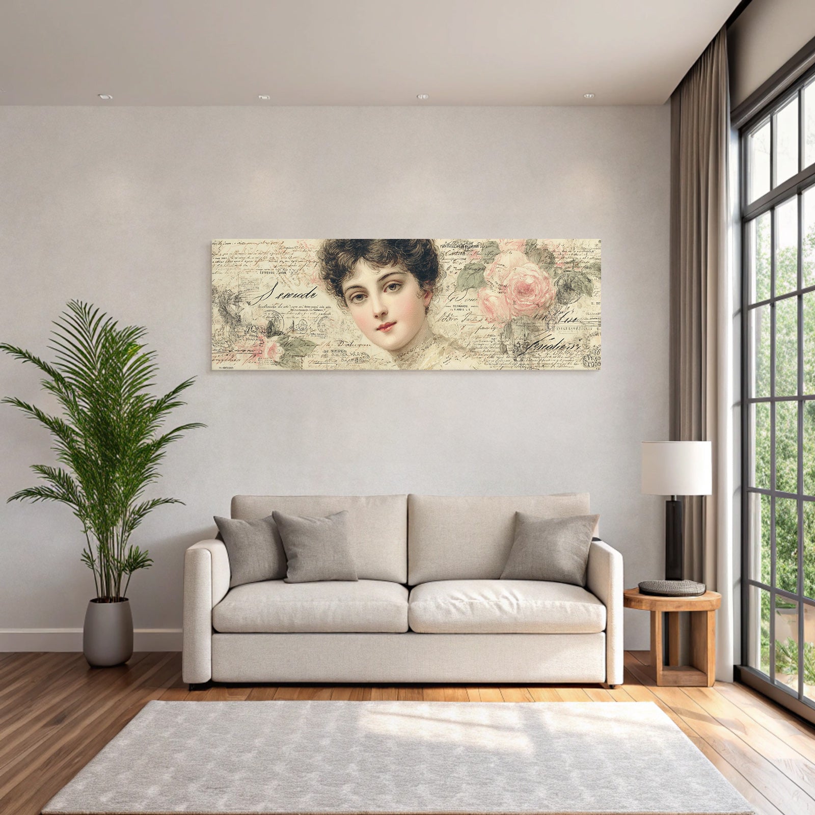 Vintage and shabby woman portrait with vintage background flowers handwritten text