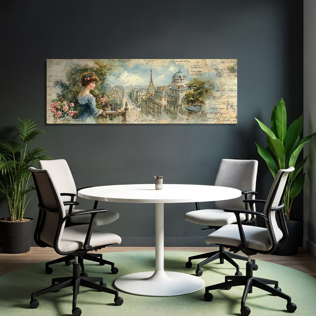 Vintage Und Shabby Junge Frau Mit Paris Hintergrund Blumen Skizzen Vintage