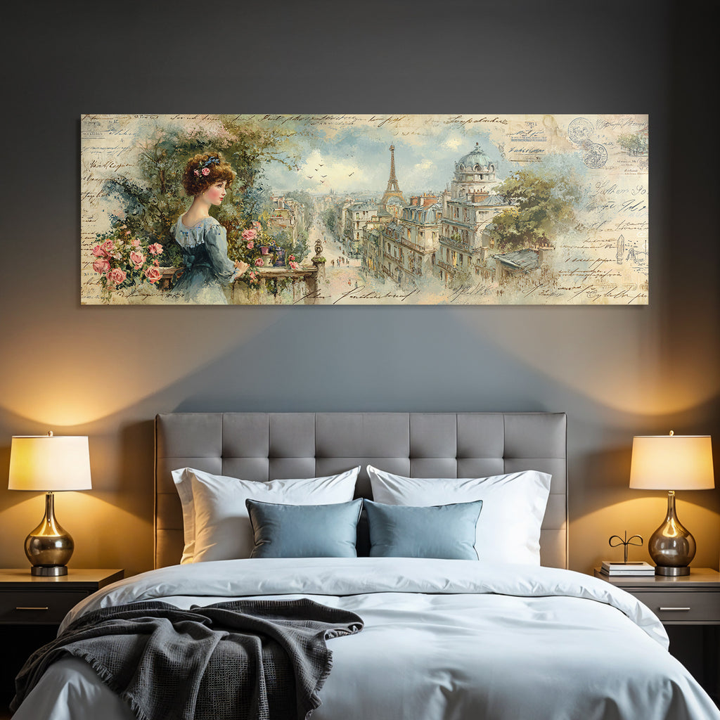 Vintage Und Shabby Junge Frau Mit Paris Hintergrund Blumen Skizzen Vintage