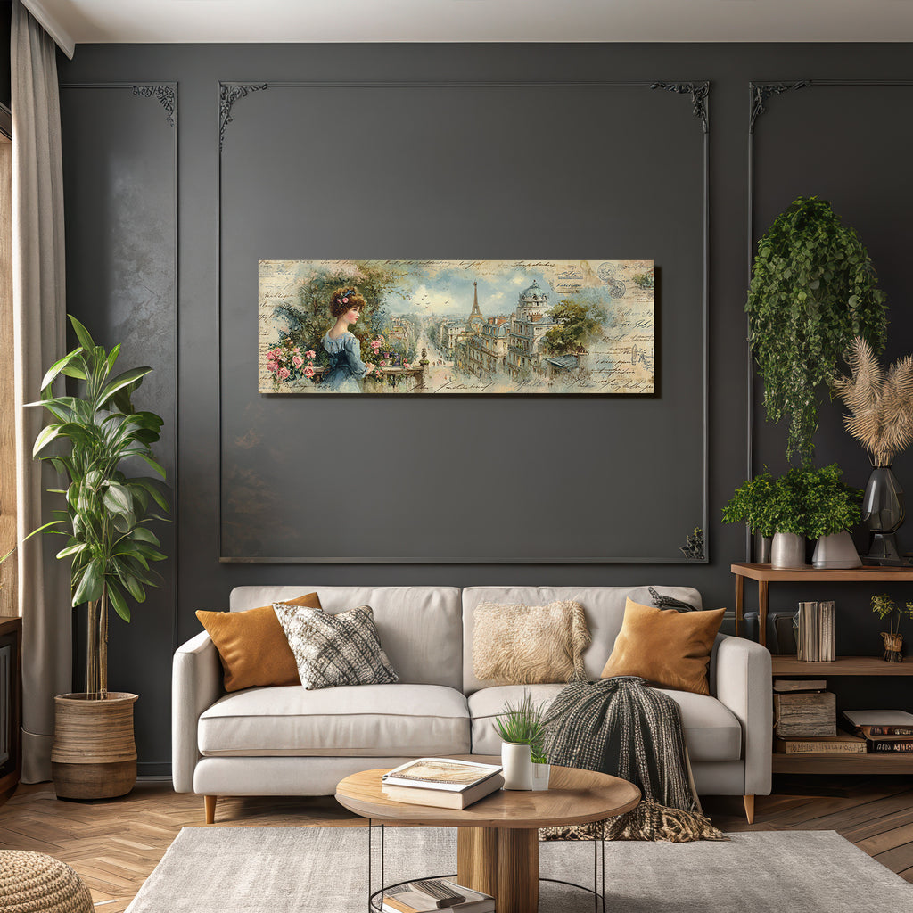 Vintage Und Shabby Junge Frau Mit Paris Hintergrund Blumen Skizzen Vintage