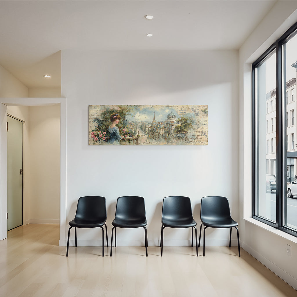 Vintage Und Shabby Junge Frau Mit Paris Hintergrund Blumen Skizzen Vintage