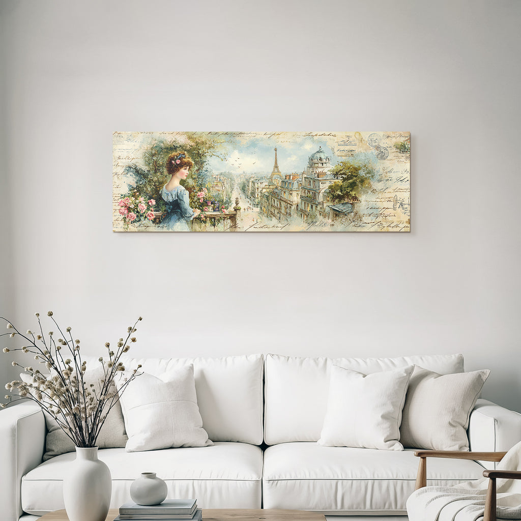 Vintage Und Shabby Junge Frau Mit Paris Hintergrund Blumen Skizzen Vintage