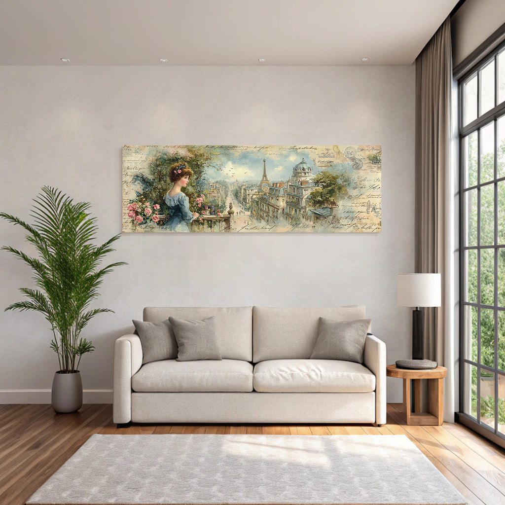 Vintage Und Shabby Junge Frau Mit Paris Hintergrund Blumen Skizzen Vintage