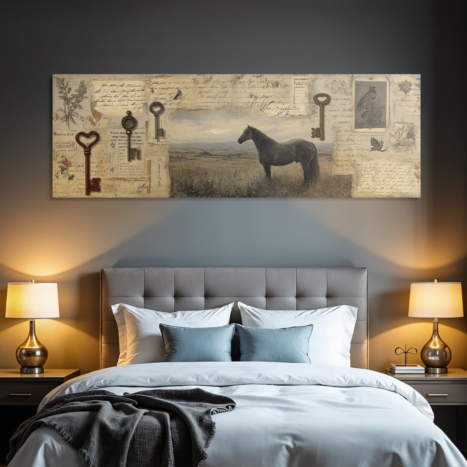 Vintage and shabby black horses, old letters, keys, natural elements