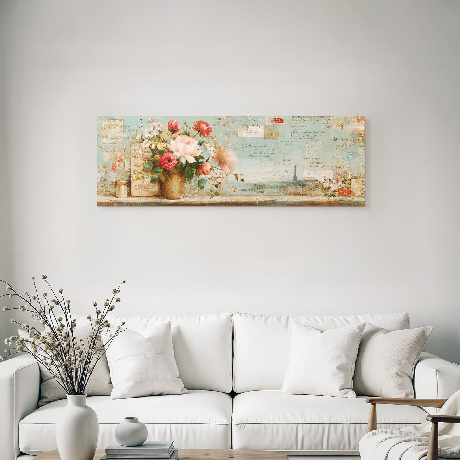 Vintage and shabby vase flowers painting with handwritten letters Vintage