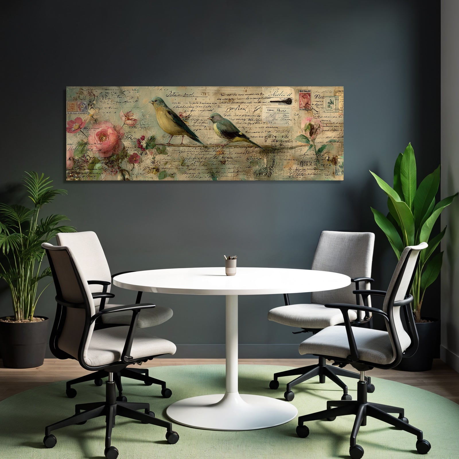 Vintage and shabby birds on branches with flowers and vintage postcards