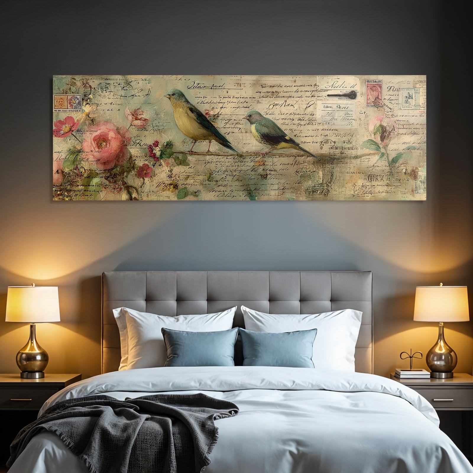 Vintage and shabby birds on branches with flowers and vintage postcards