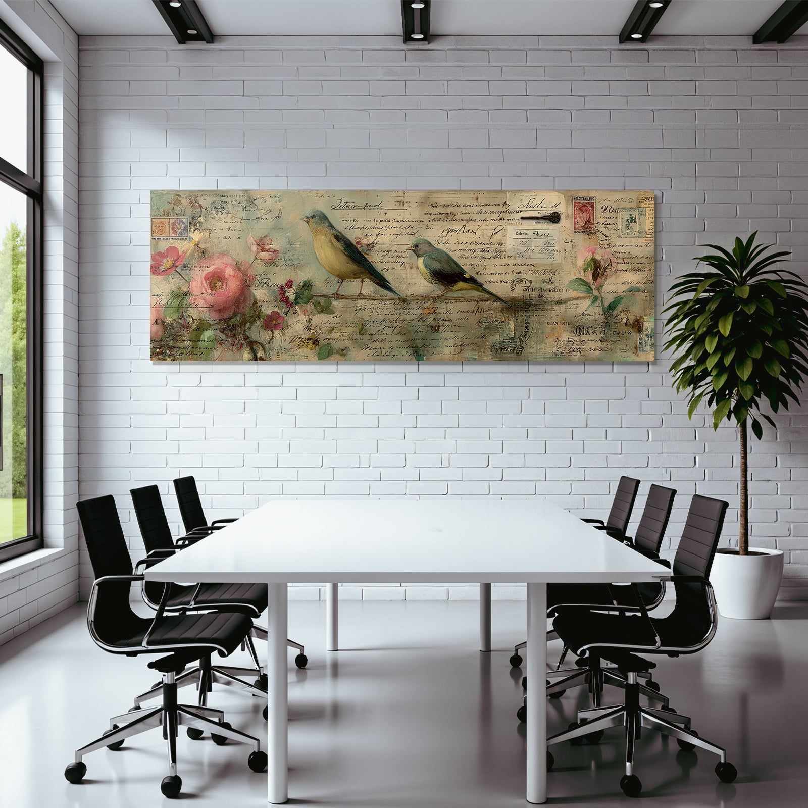 Vintage and shabby birds on branches with flowers and vintage postcards