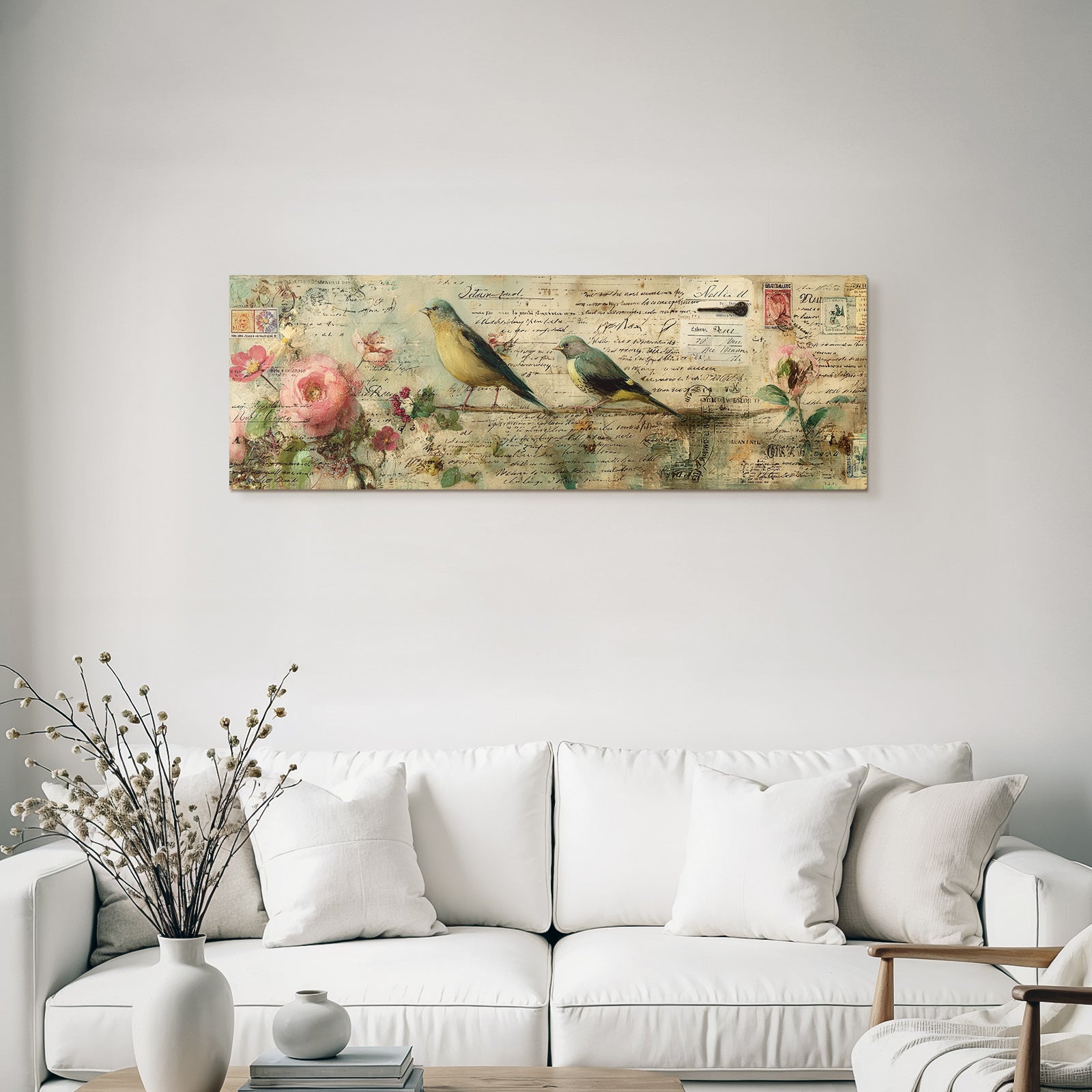 Vintage and shabby birds on branches with flowers and vintage postcards