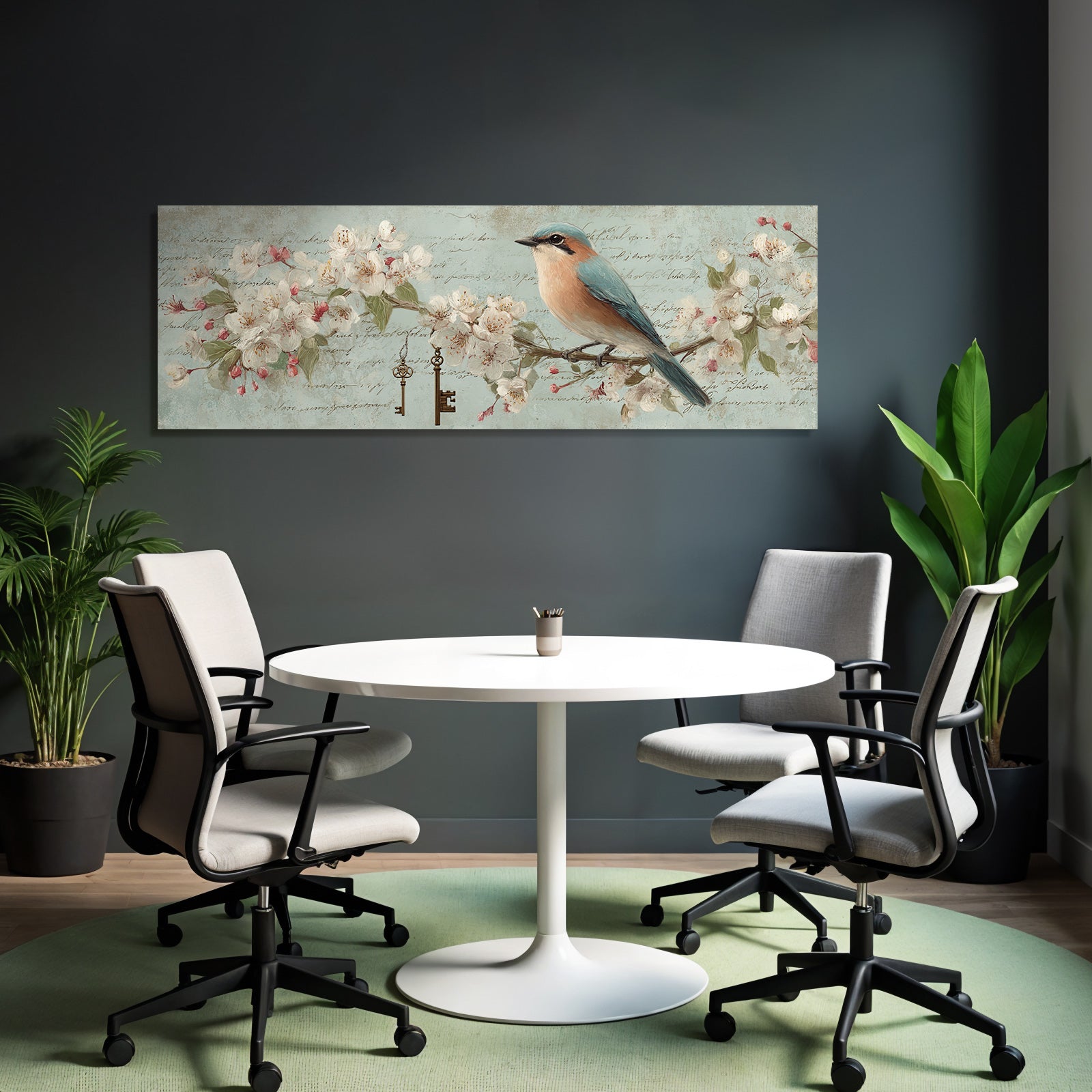 Vintage and shabby bird on branch flowers with key and text
