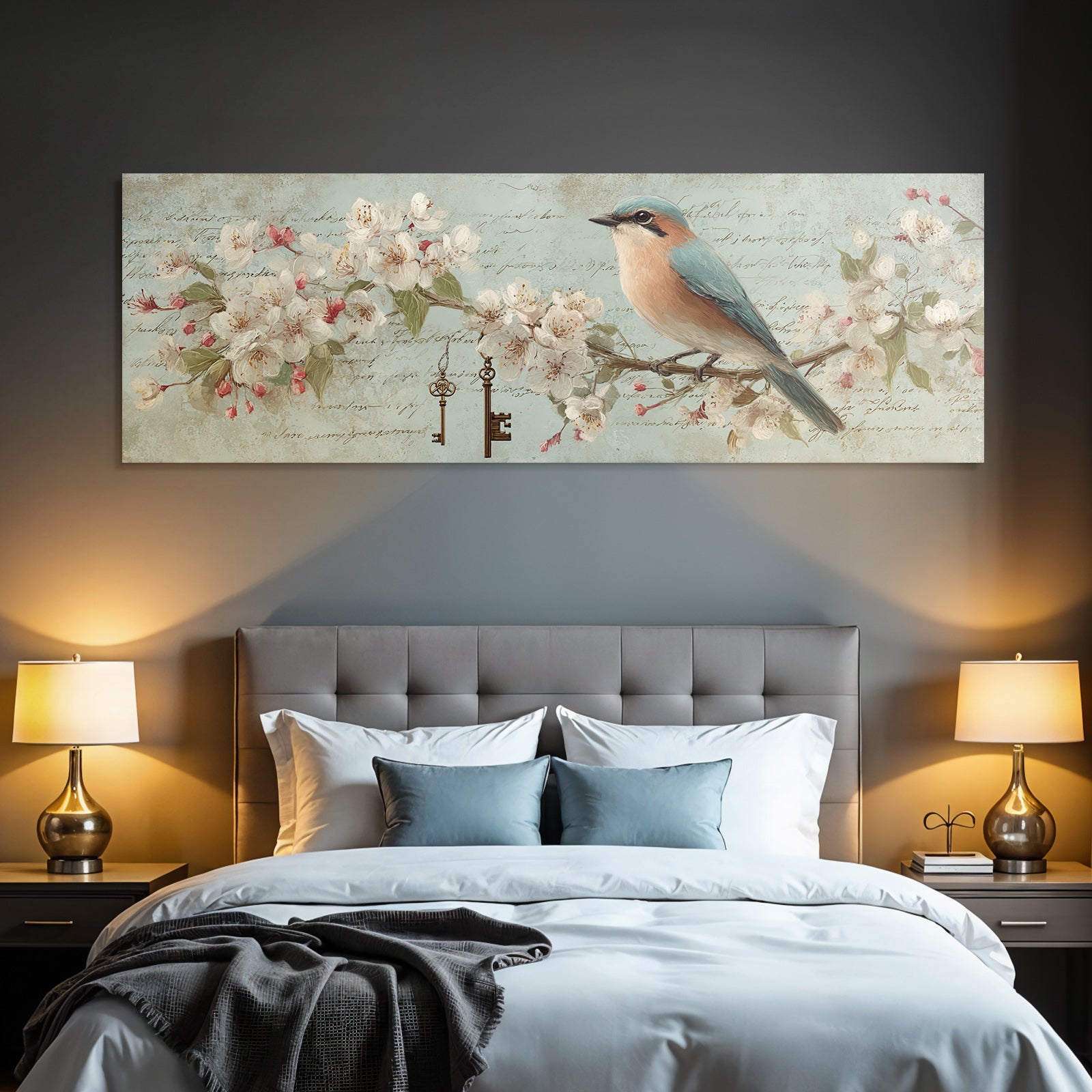 Vintage and shabby bird on branch flowers with key and text