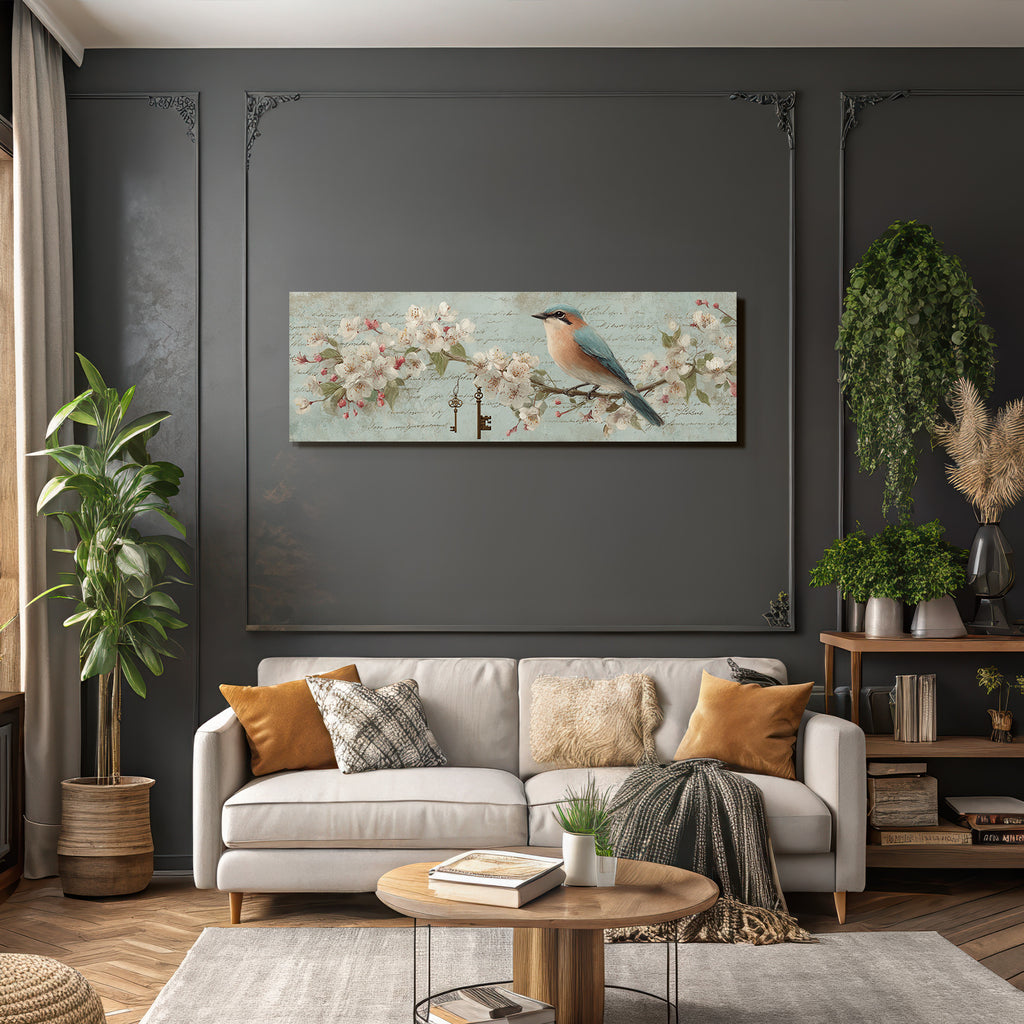 Vintage Und Shabby Vogel Auf Astemblumen Mit Schluessel Und Text